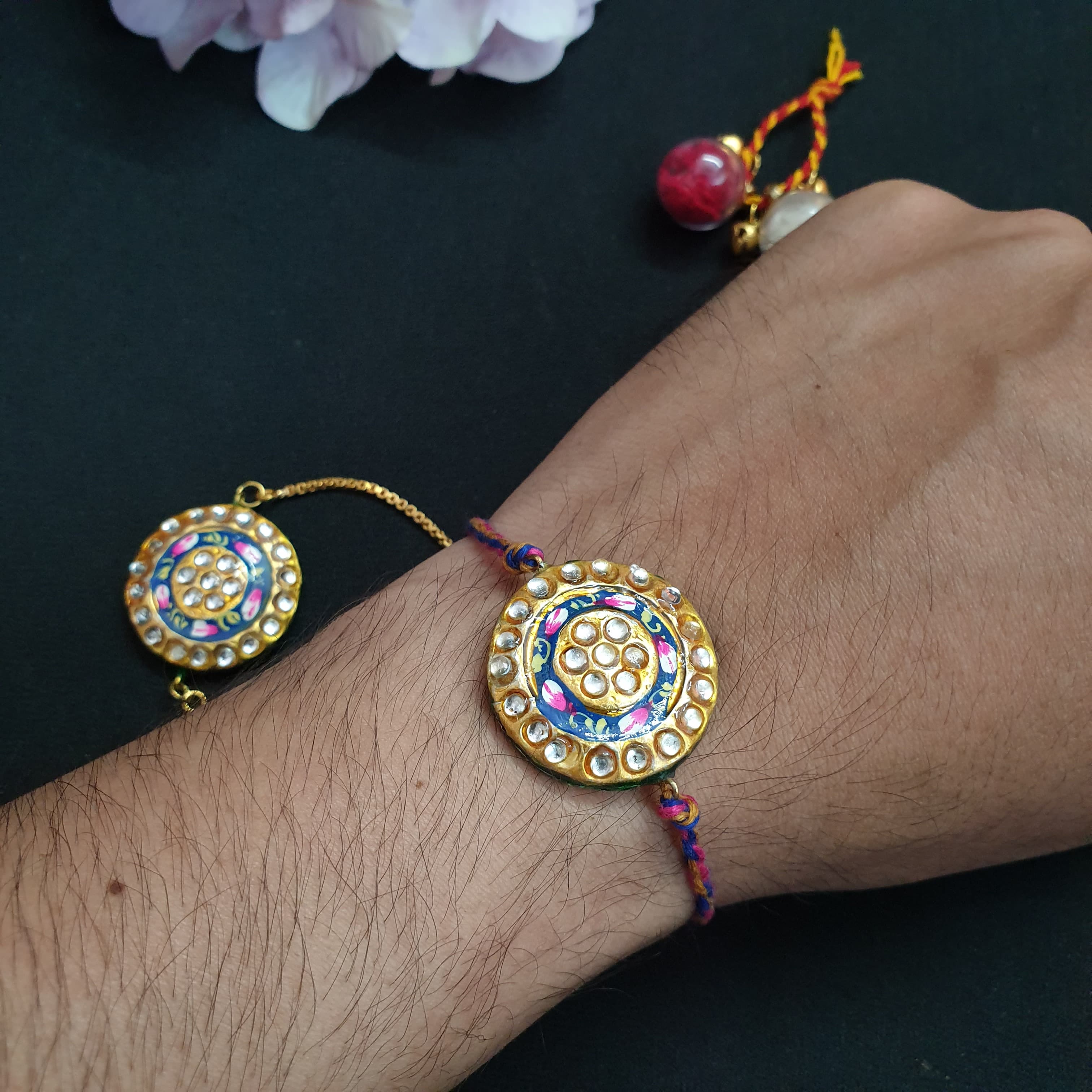 Blue Kundan Handpainted Couple Rakhi Set