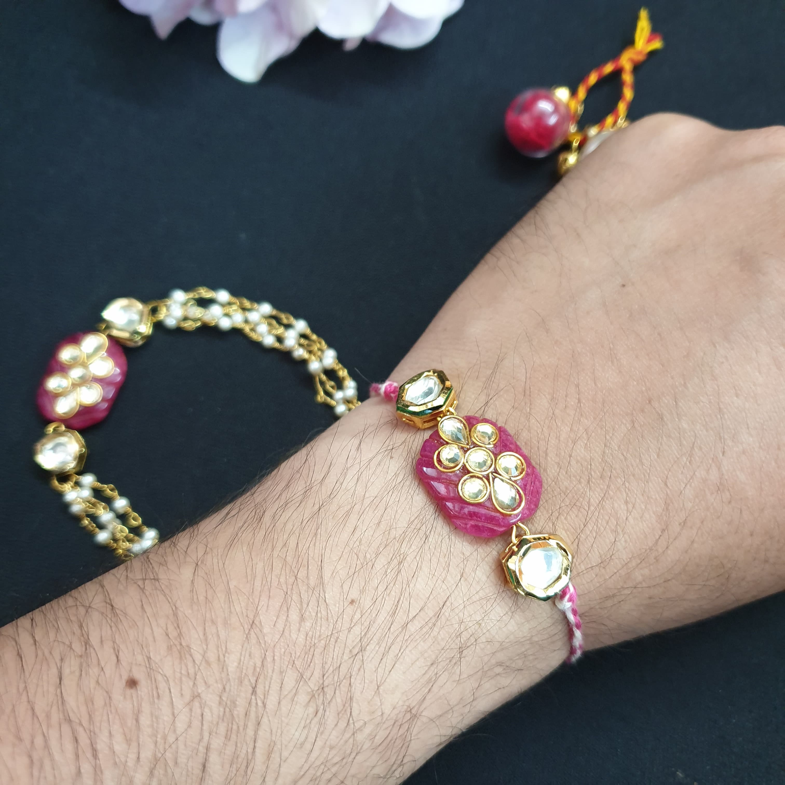 Ruby Kundan Stone Pearl Couple Rakhi Set
