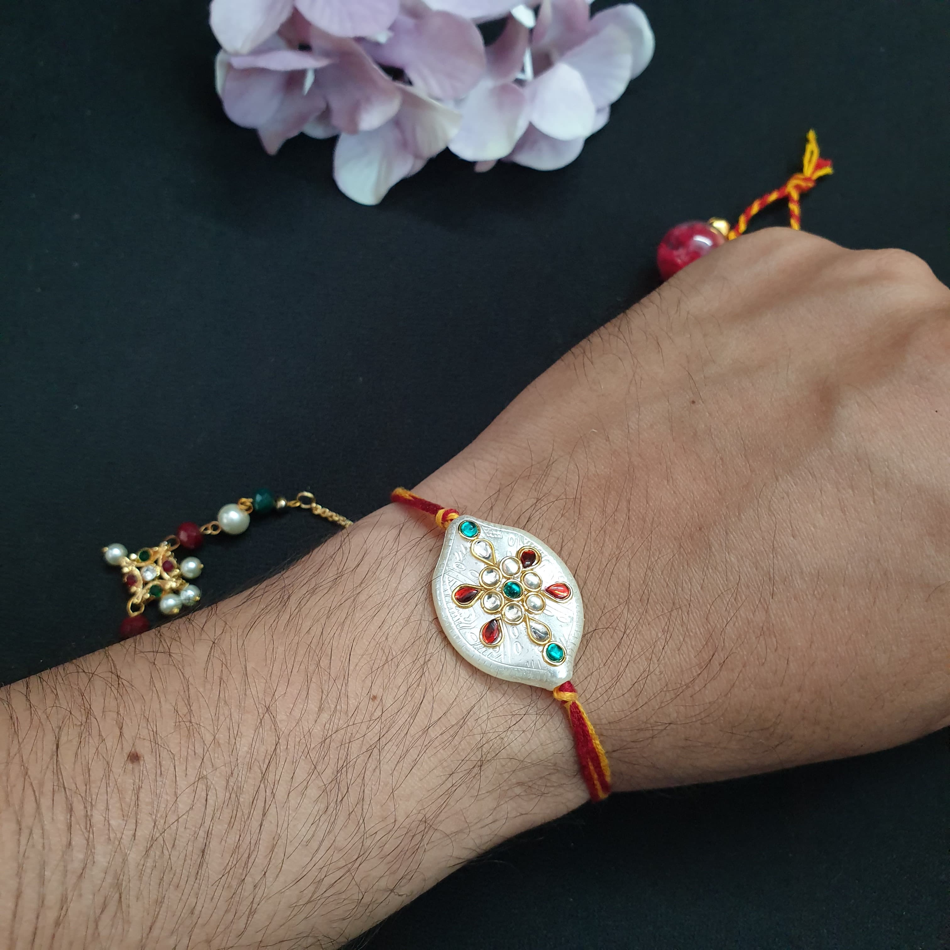 Kundan Designer Bead Couple Rakhi Set