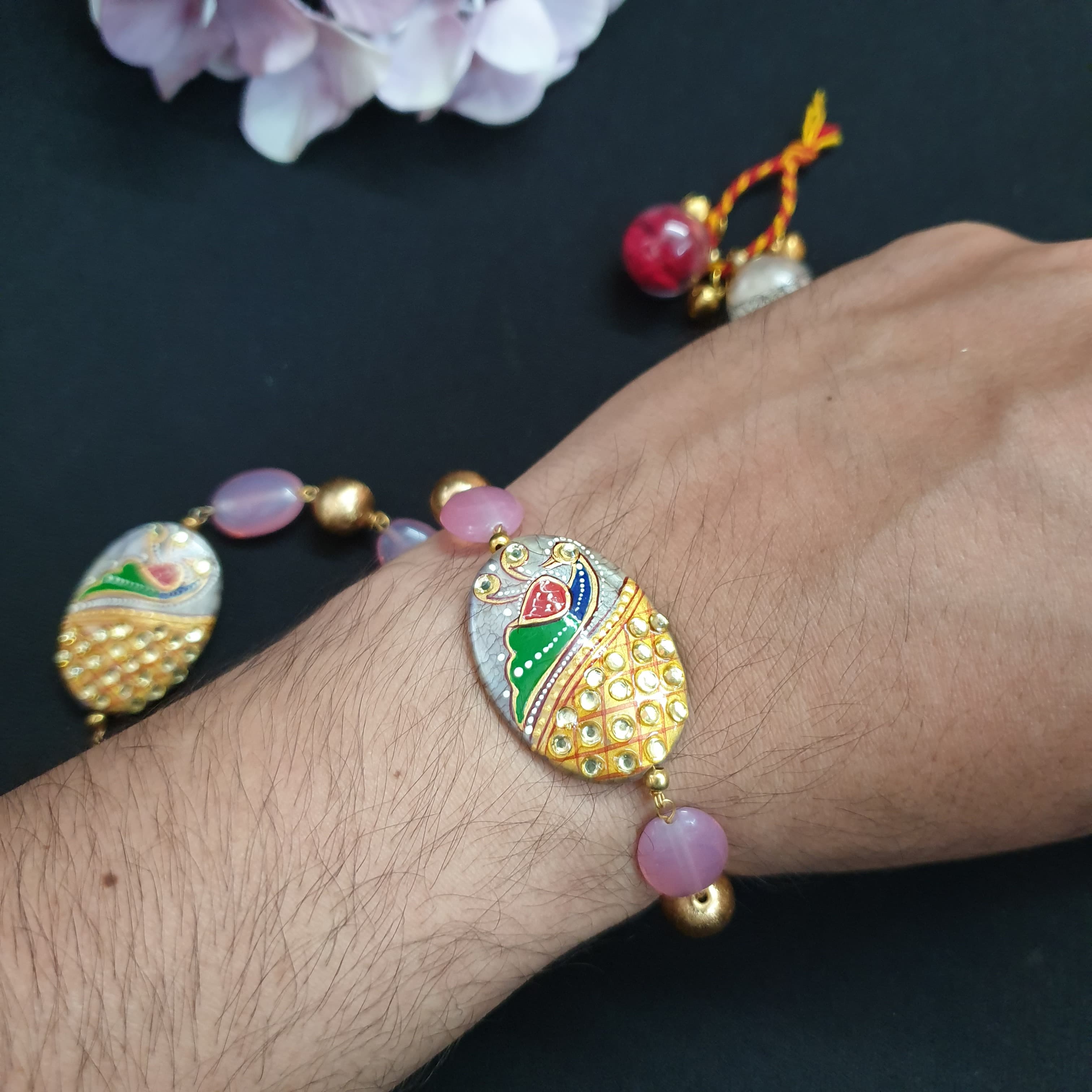 Pink Peacock Couple Rakhi Set