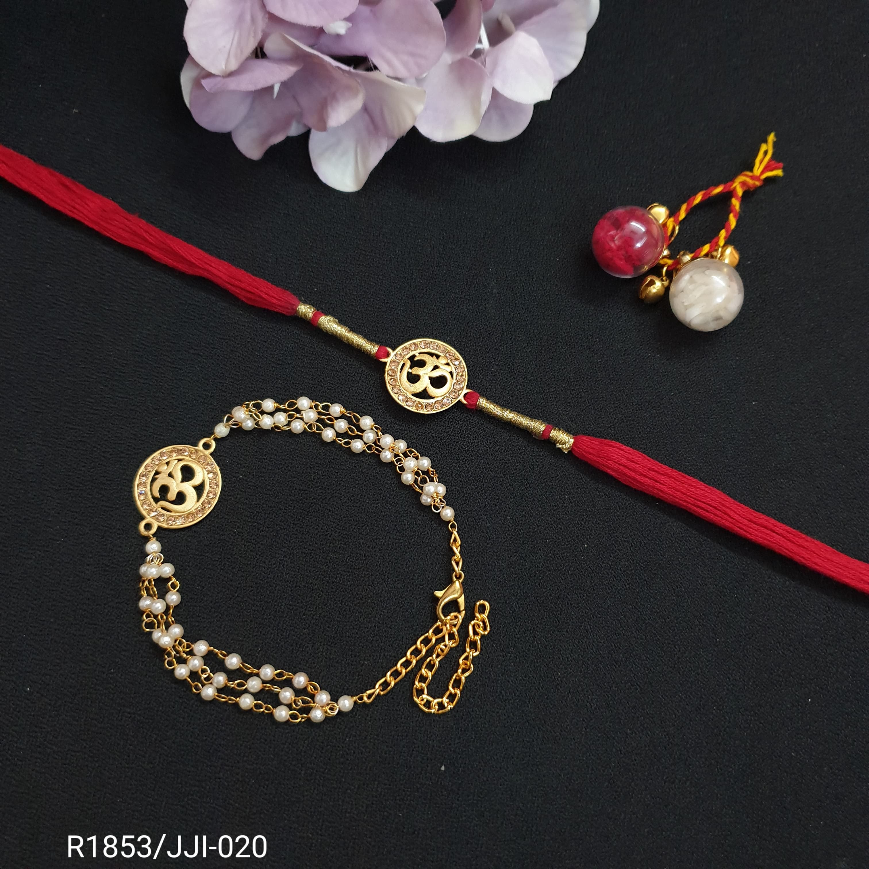 Red Om Couple Rakhi Set