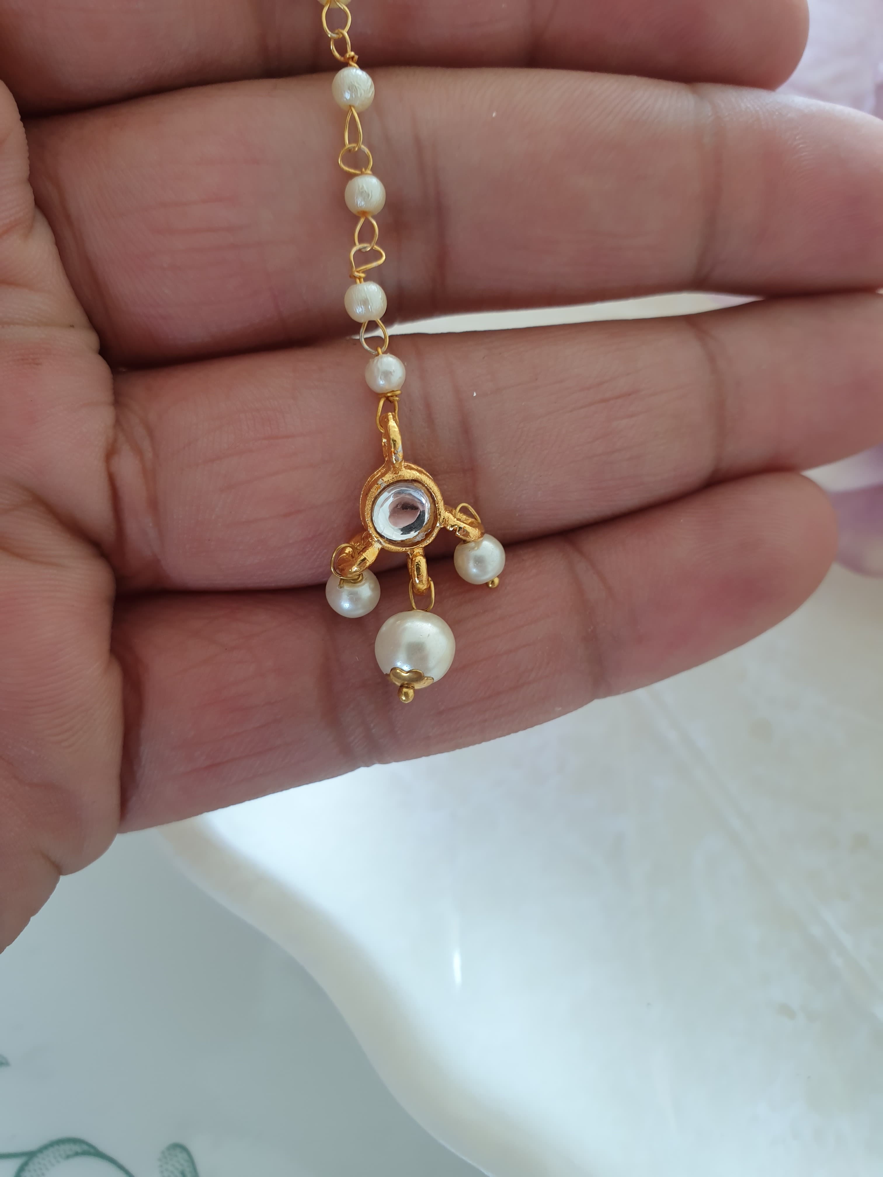 White Round Stone Meenakari Pearl Beaded Maang Tikka