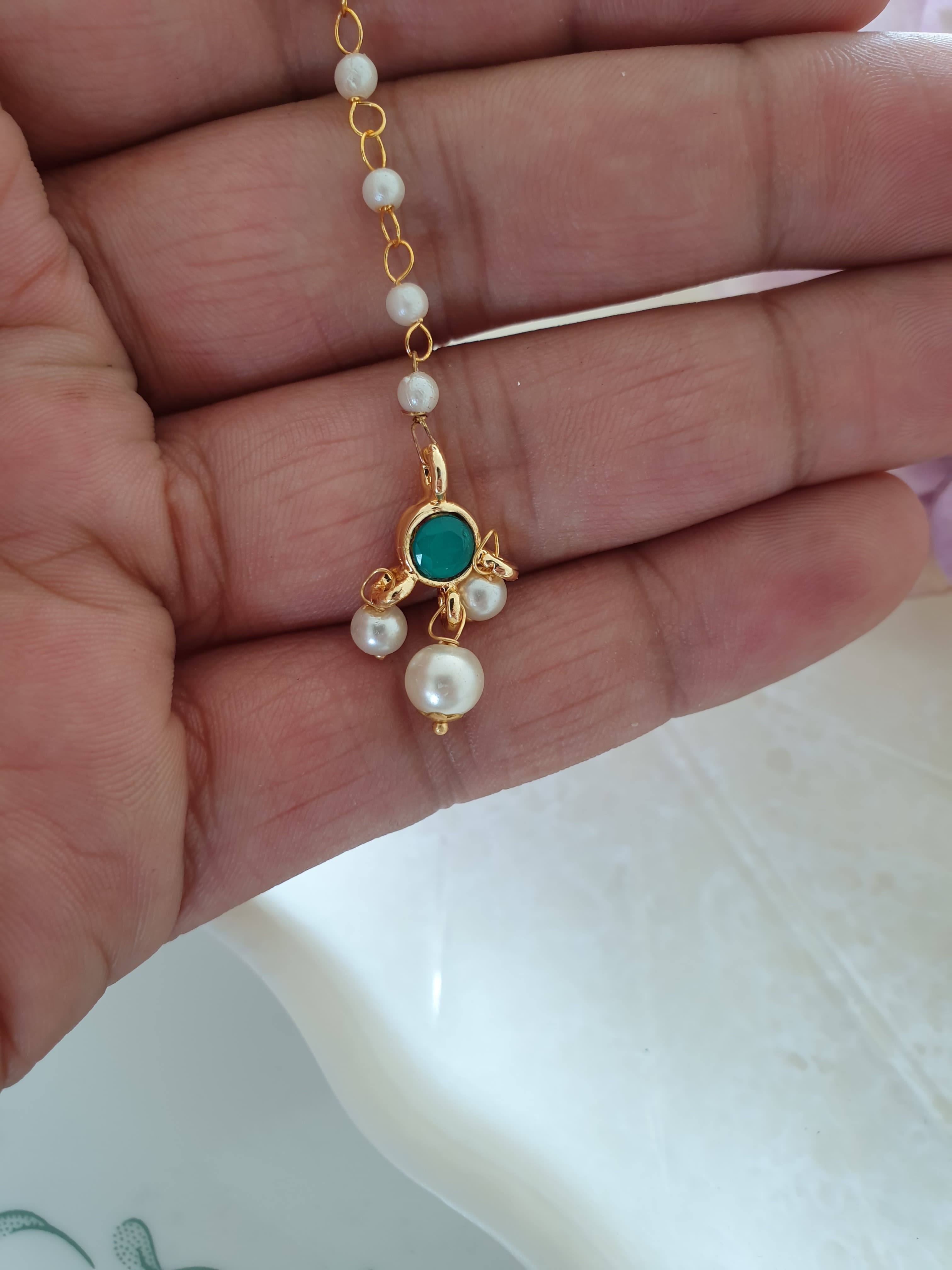 Green Round Stone Meenakari Pearl Beaded Maang Tikka