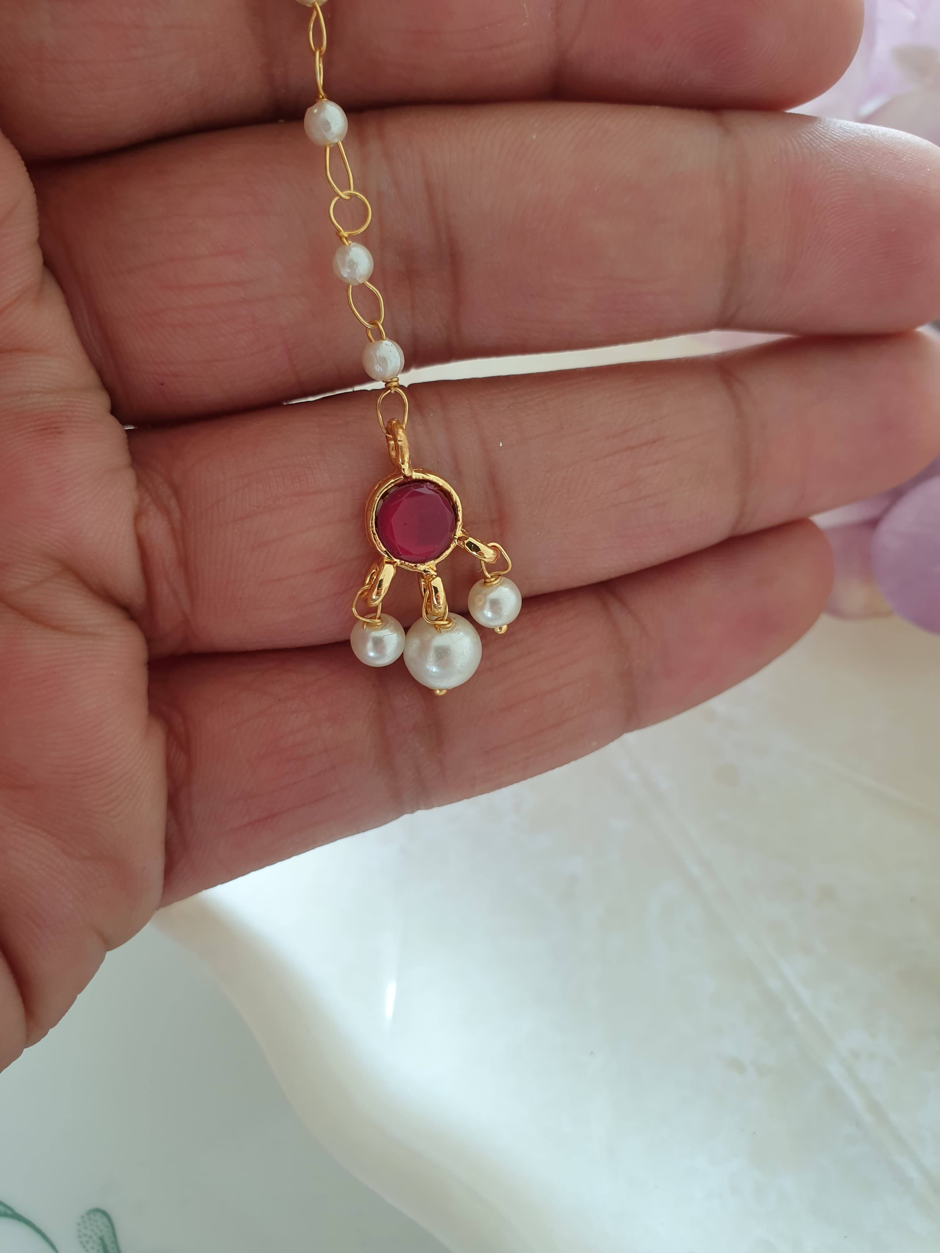 Red Round Stone Meenakari Pearl Beaded Maang Tikka