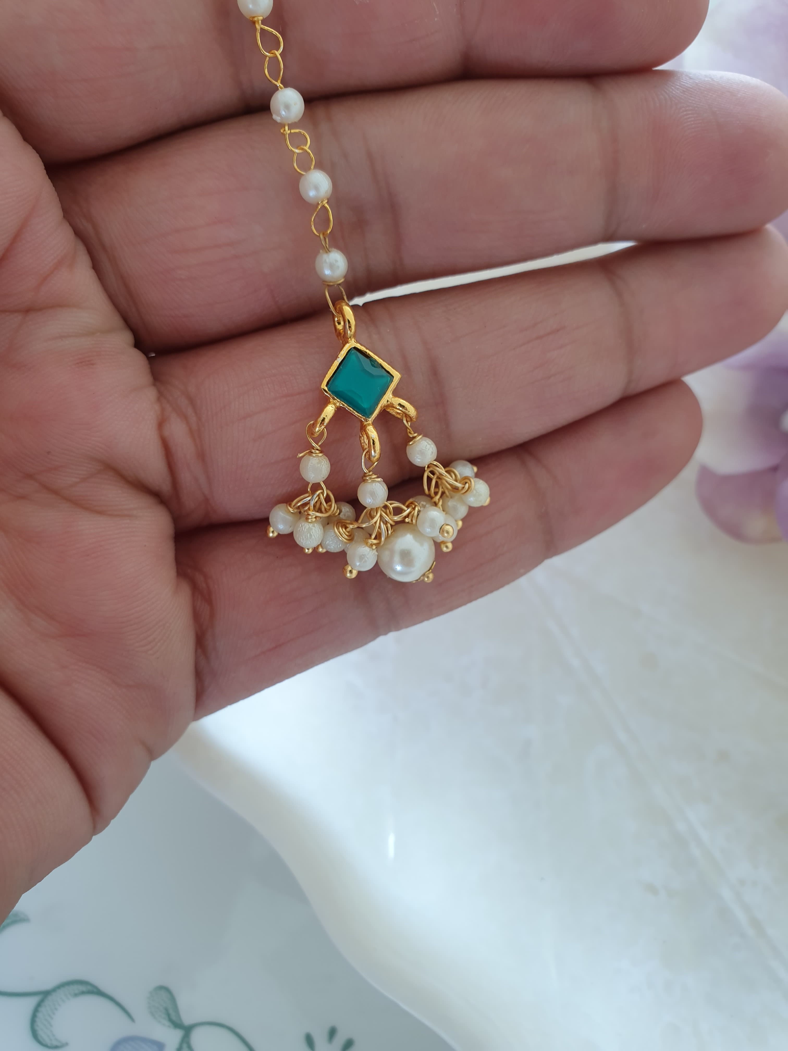 Green Stone Meenakari Pearl Beaded Maang Tikka