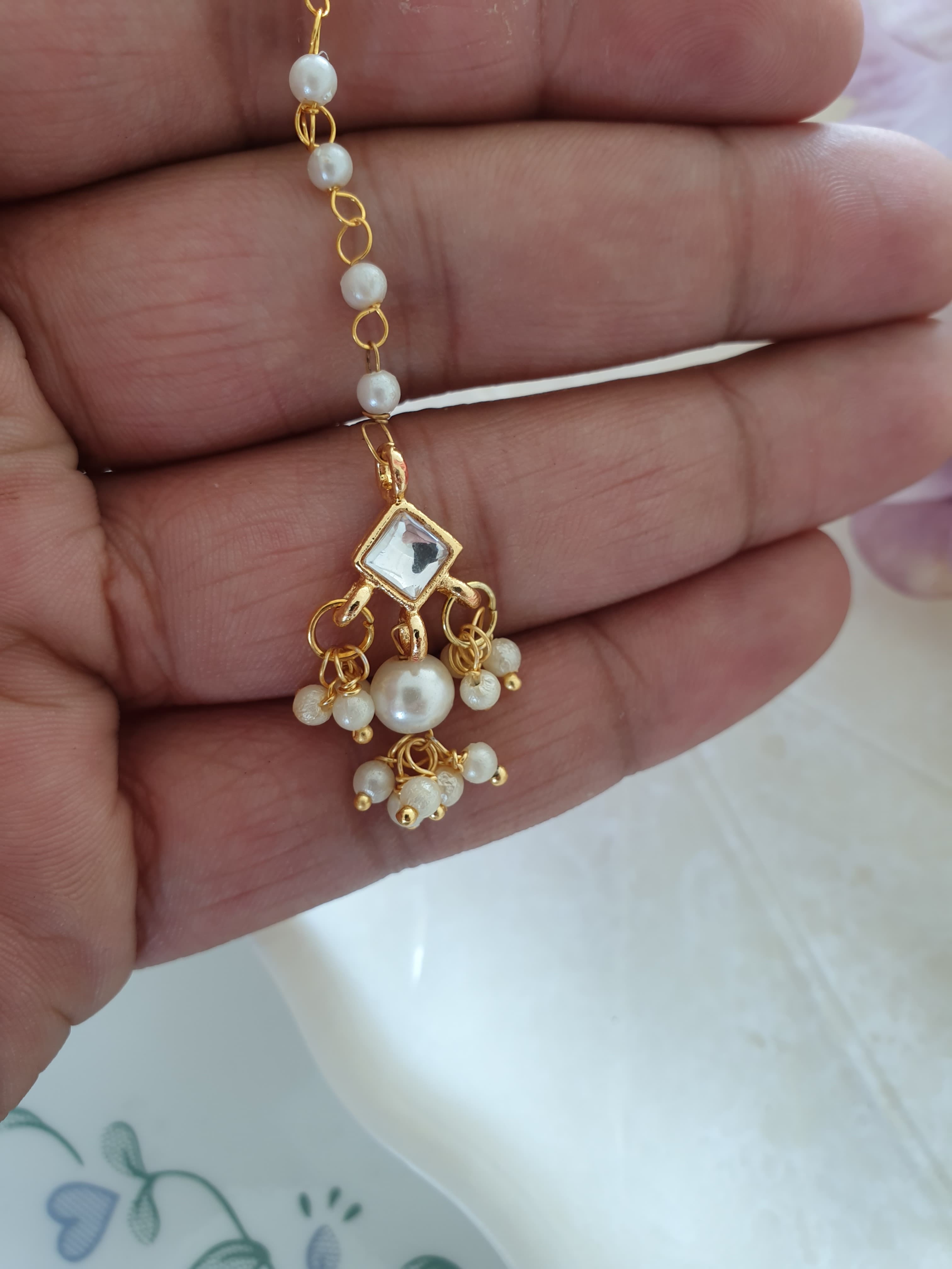 White Stone Meenakari Pearl Beaded Maang Tikka