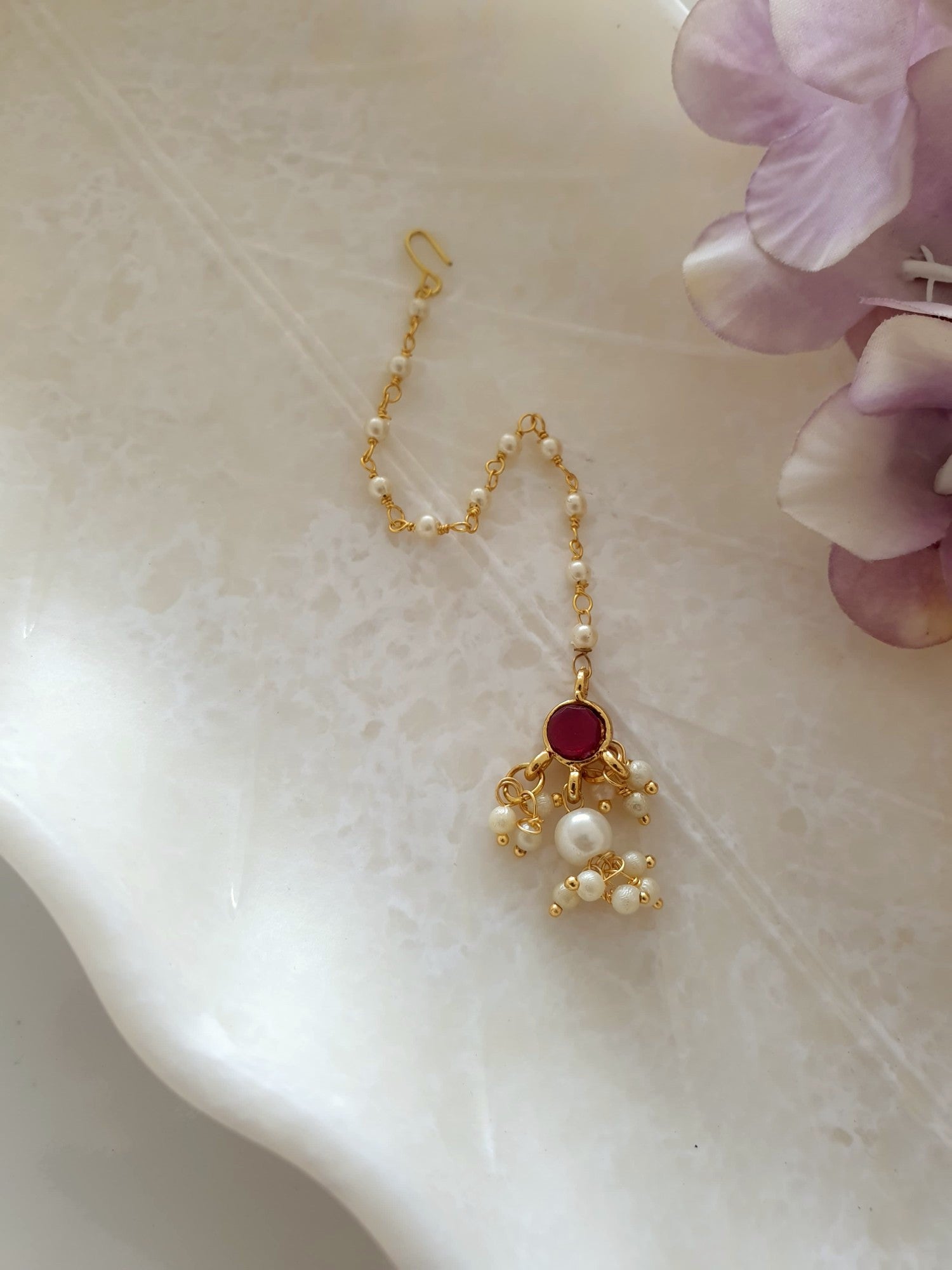 Red Round Stone Pearl Beaded Maang Tikka