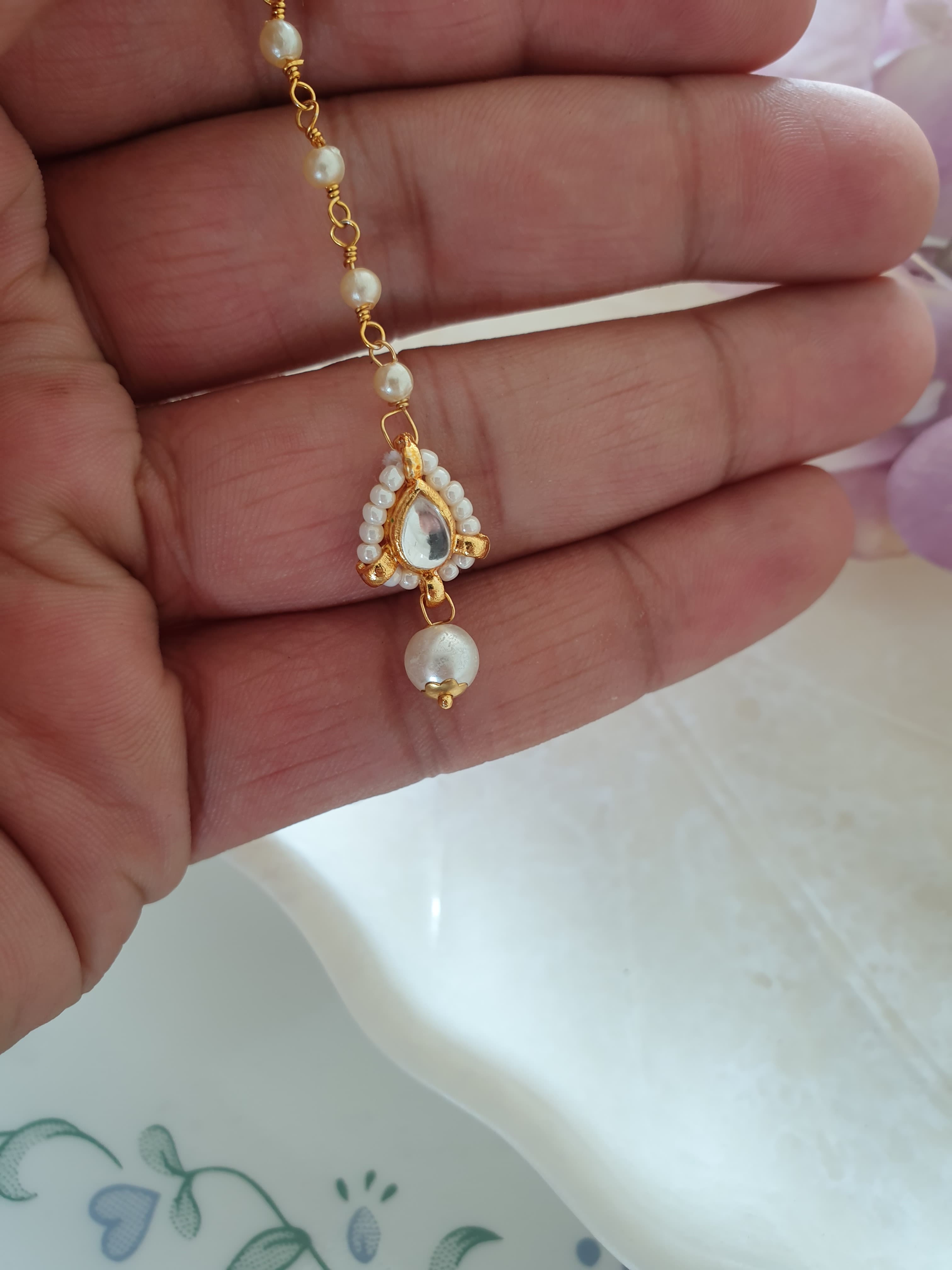 Small Kundan Stone Pearl Beaded Maang Tikka