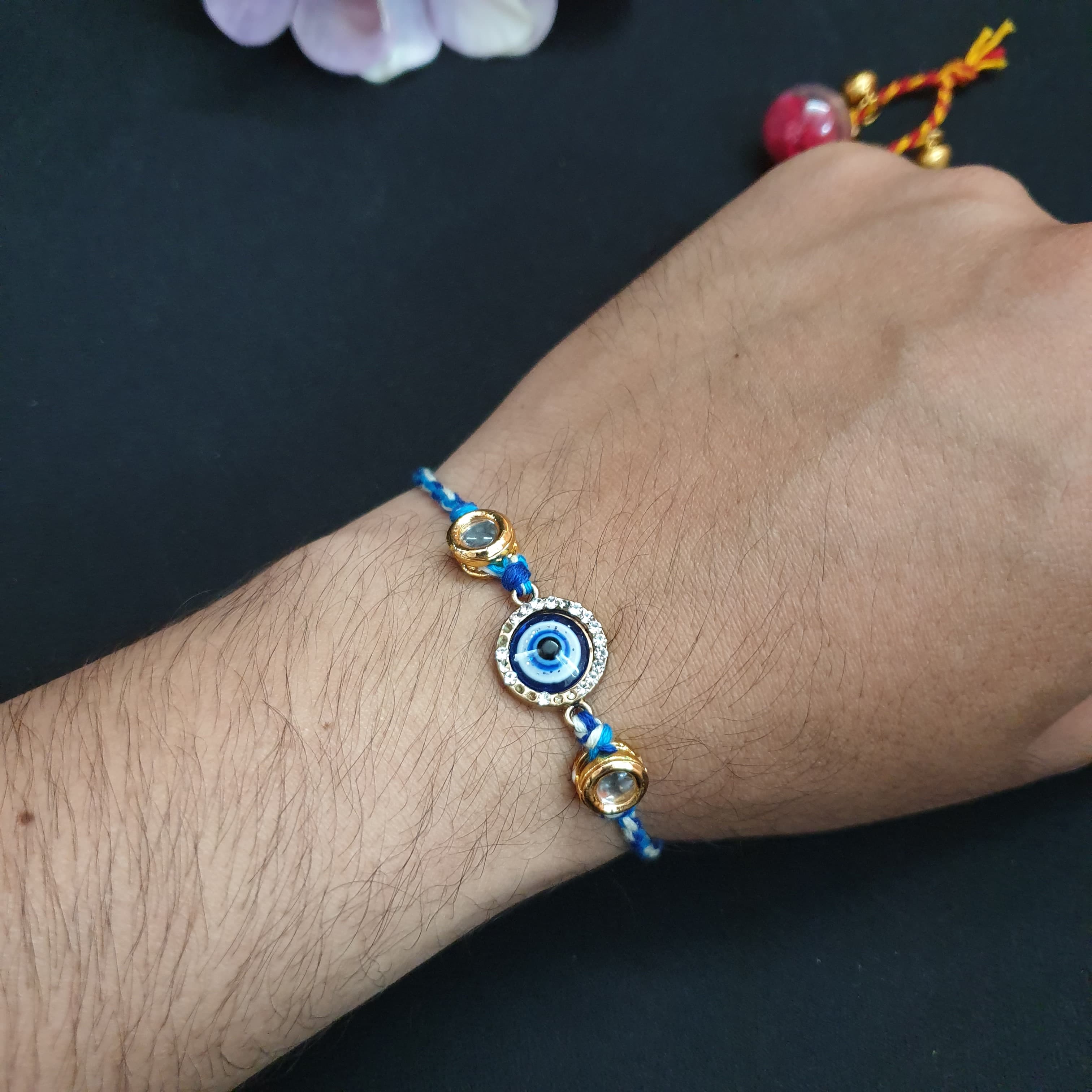 Blue Kundan Evil Eye Rakhi For Rakshabandhan (Pack of One)