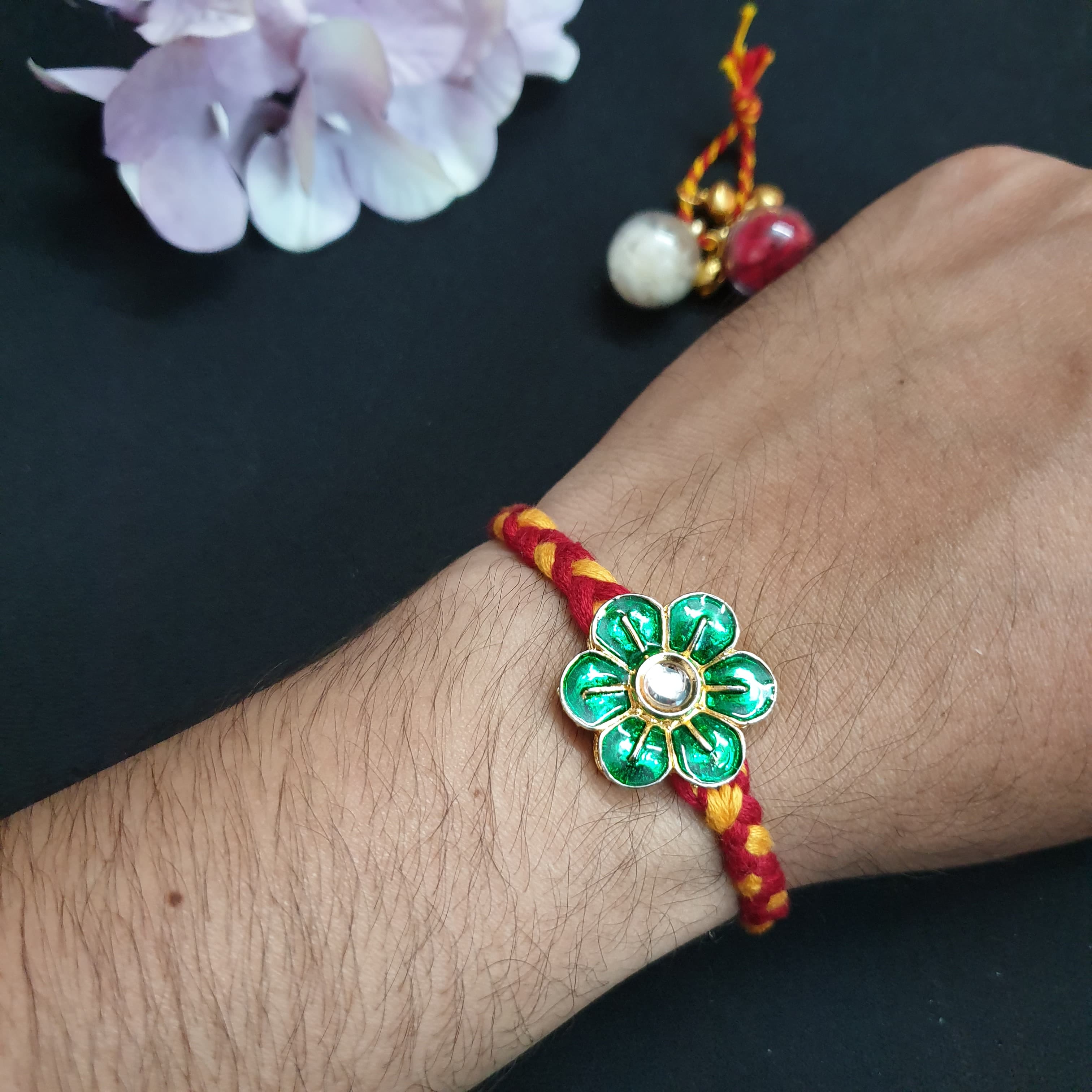 Green Meenakari Flower Rakhi (Pack of One)