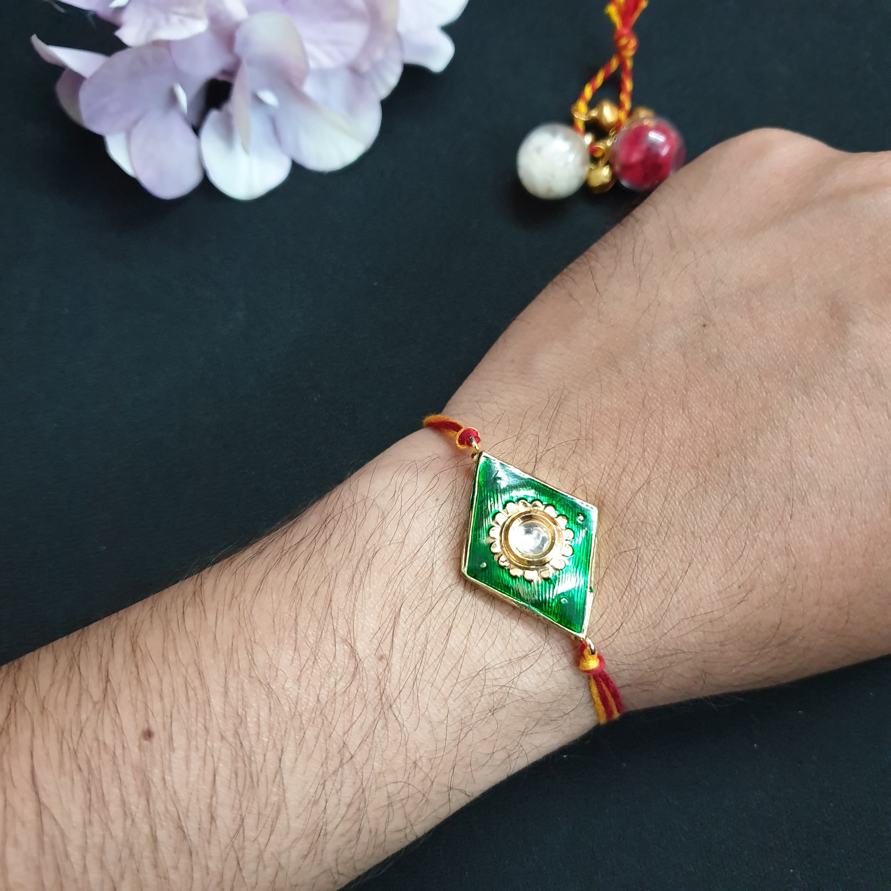 Green Kundan Meenakari Brother Sister Rakhi (Pack of One)