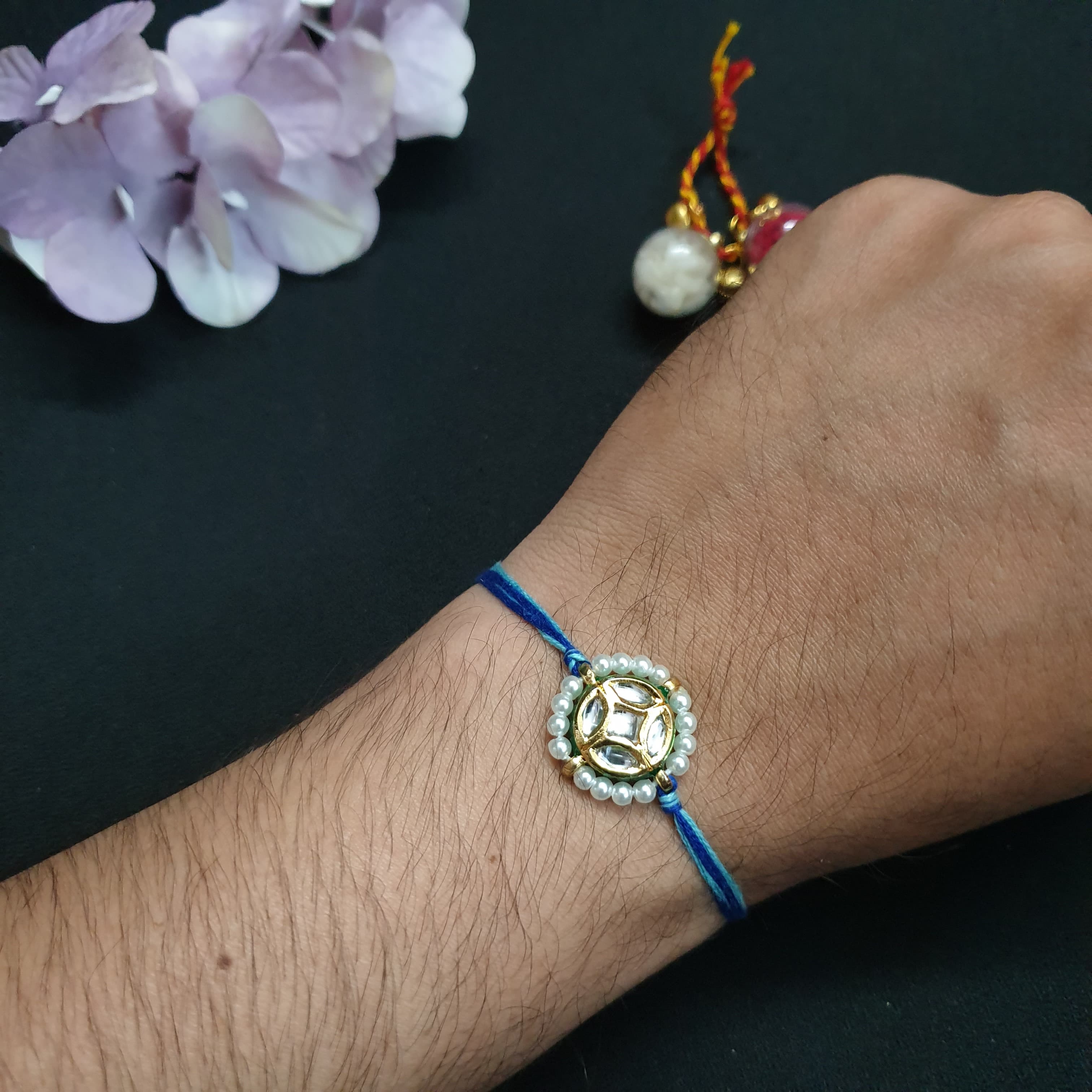 Blue Round Kundan Rakhi (Pack of One)