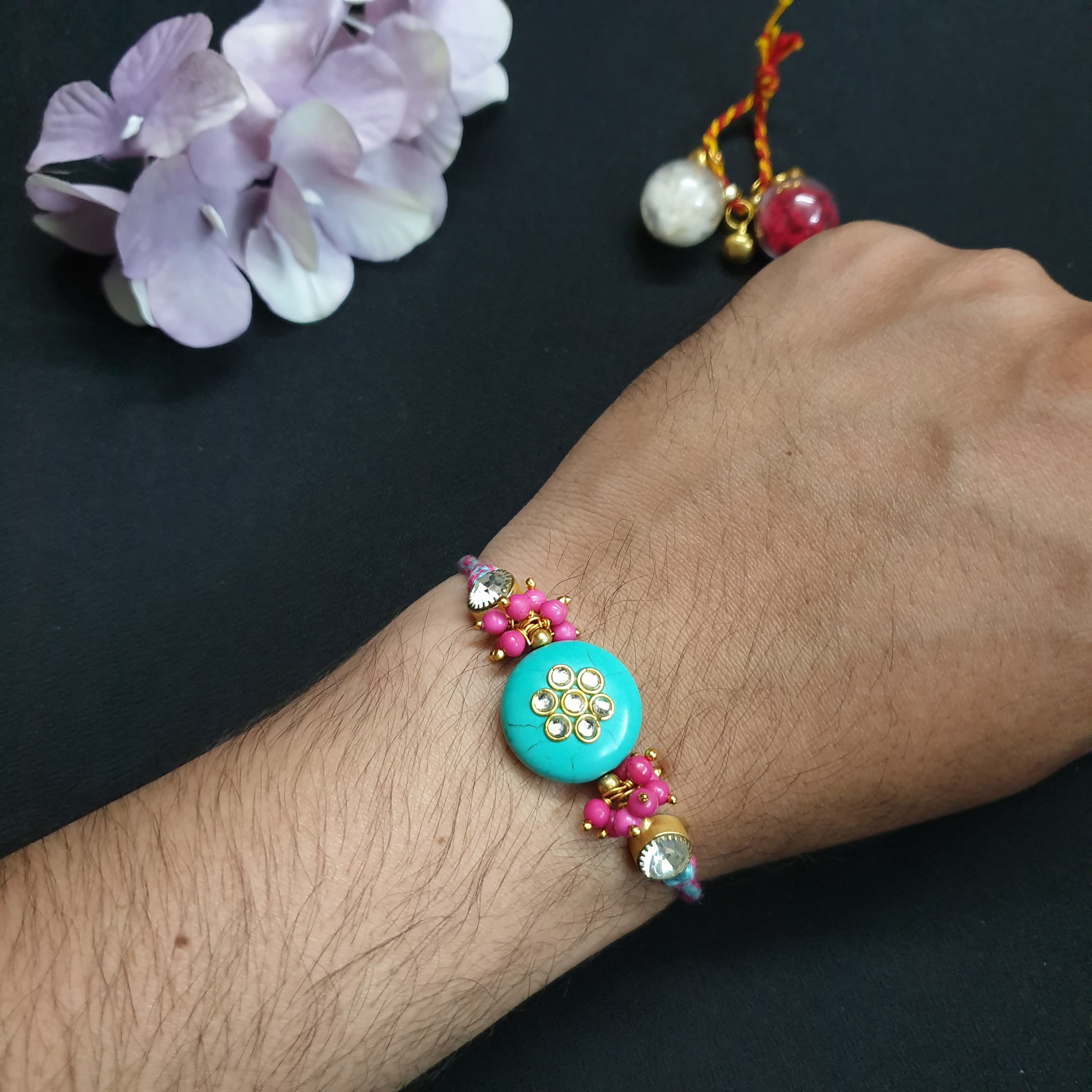 Turquoise Stone Kundan Rakhi (Pack of One)