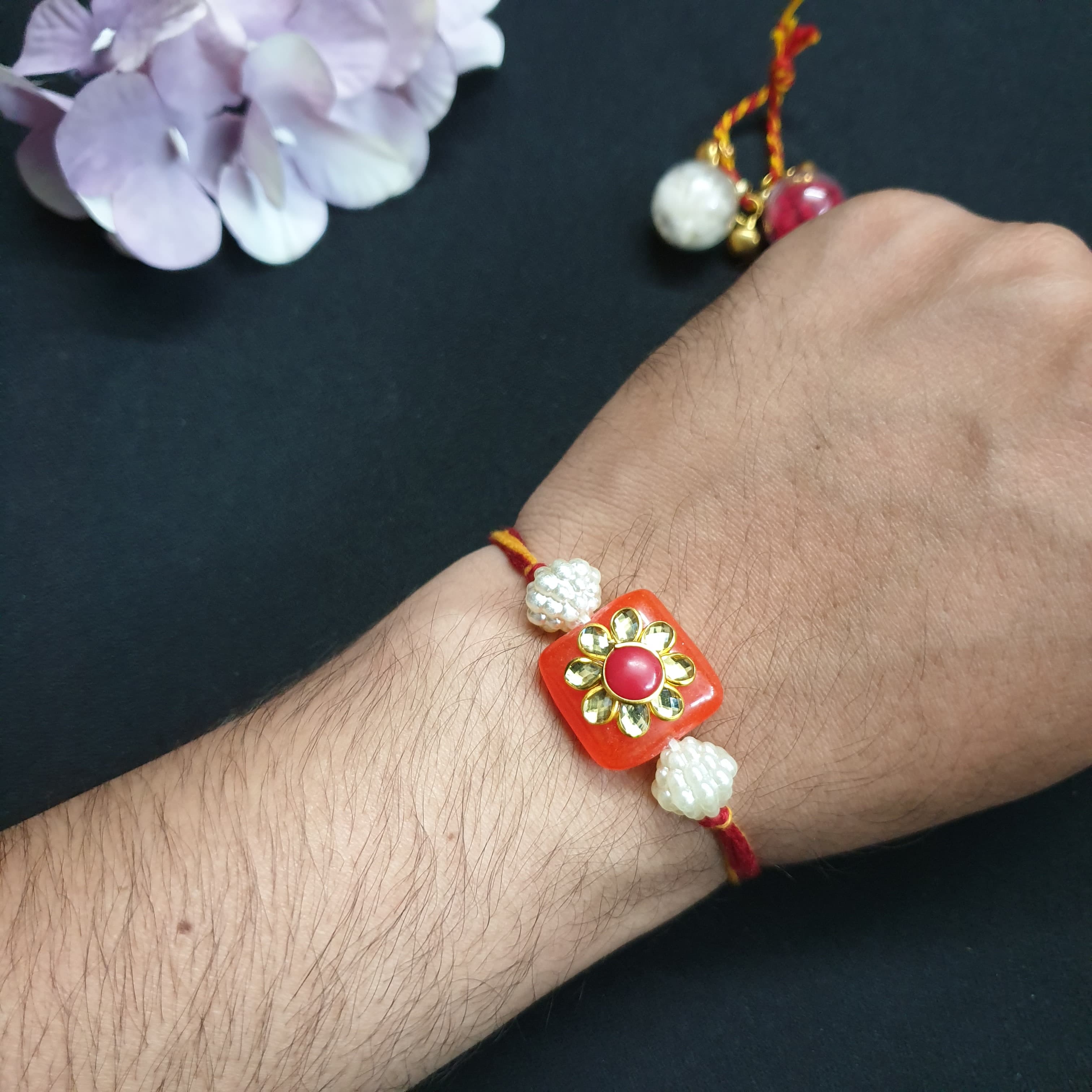 Orange Paachi Kundan Rakhi (Pack of One)