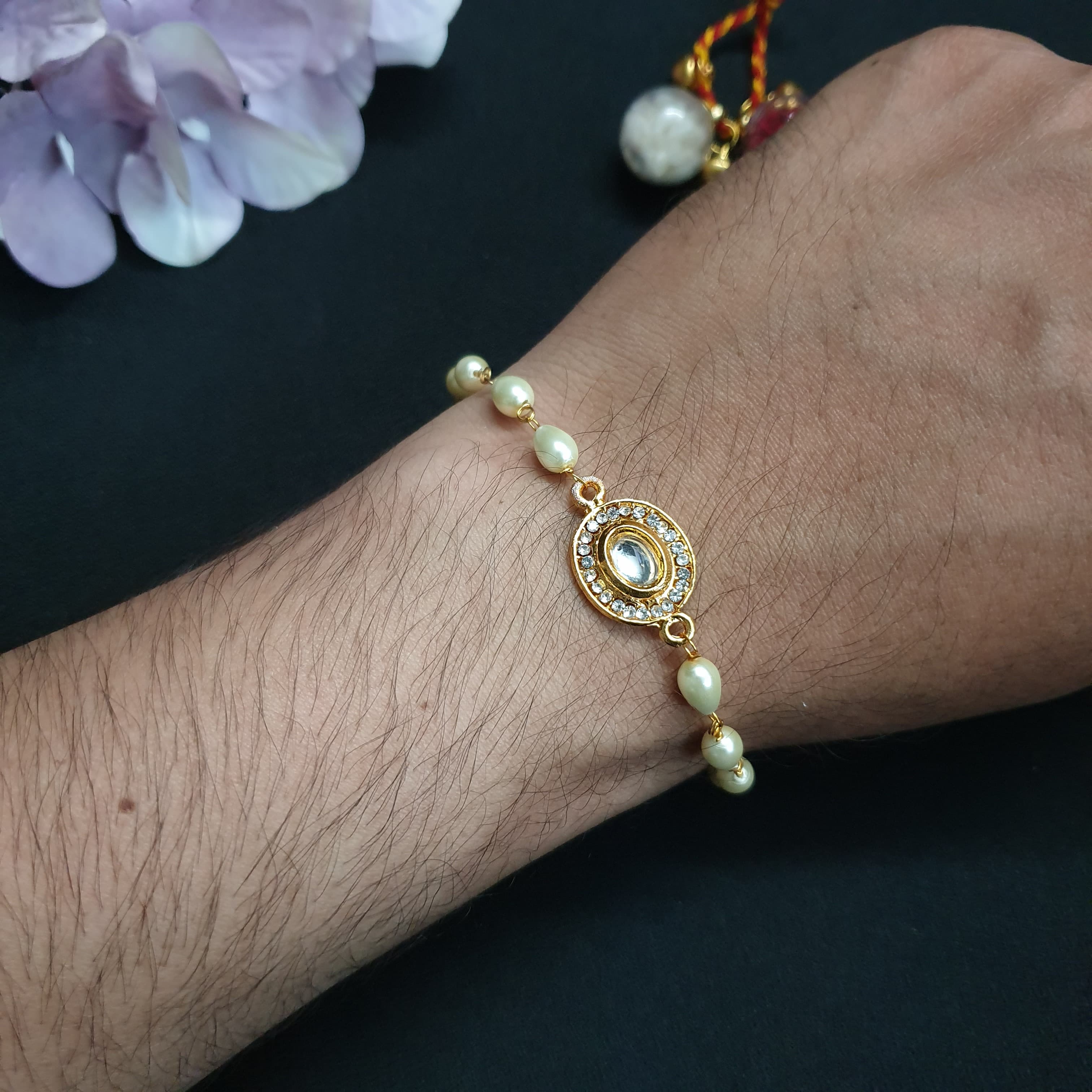 Kundan Polki Pearl Bracelet Rakhi (Pack of One)