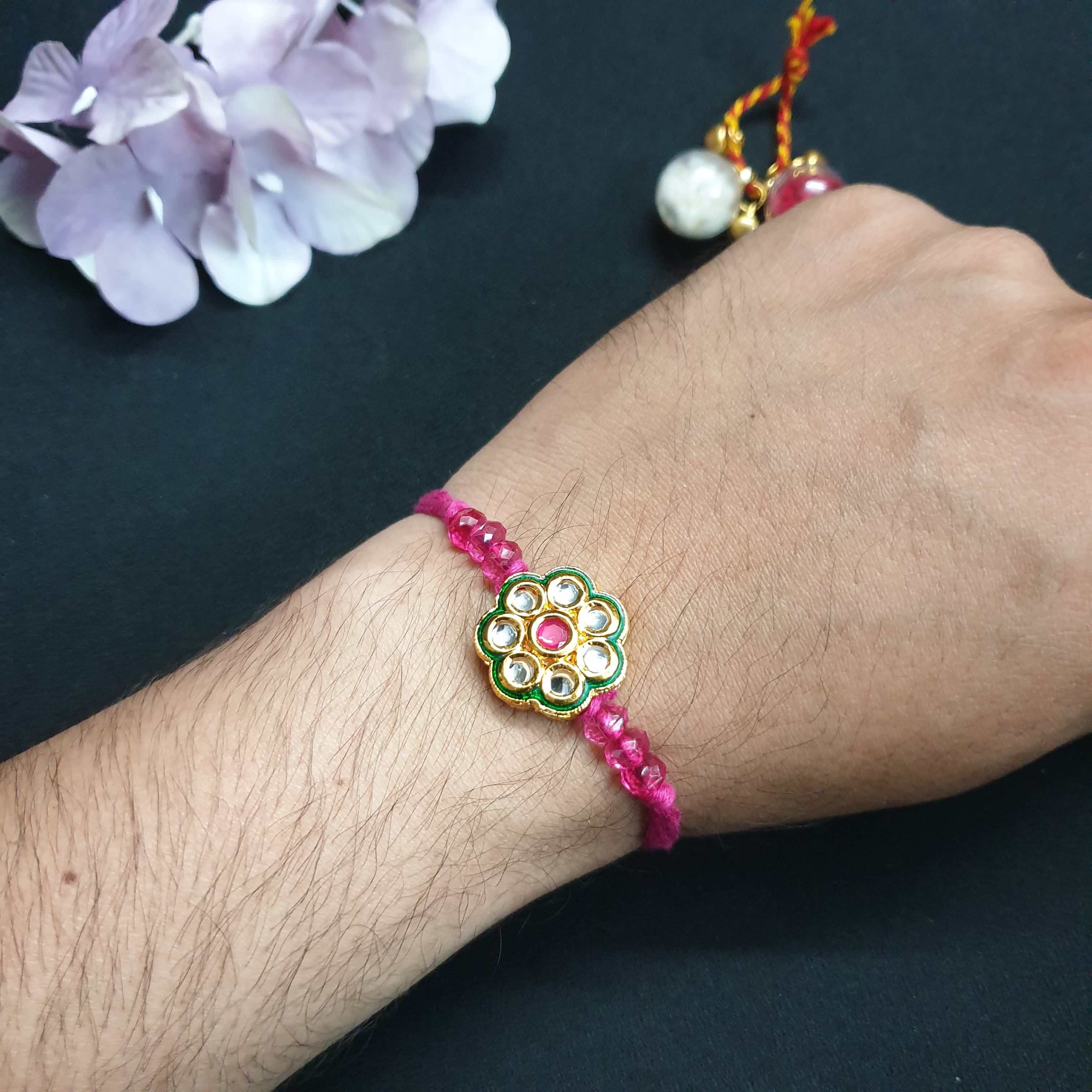 Pink Flower Beaded Rakhi (Pack of One)