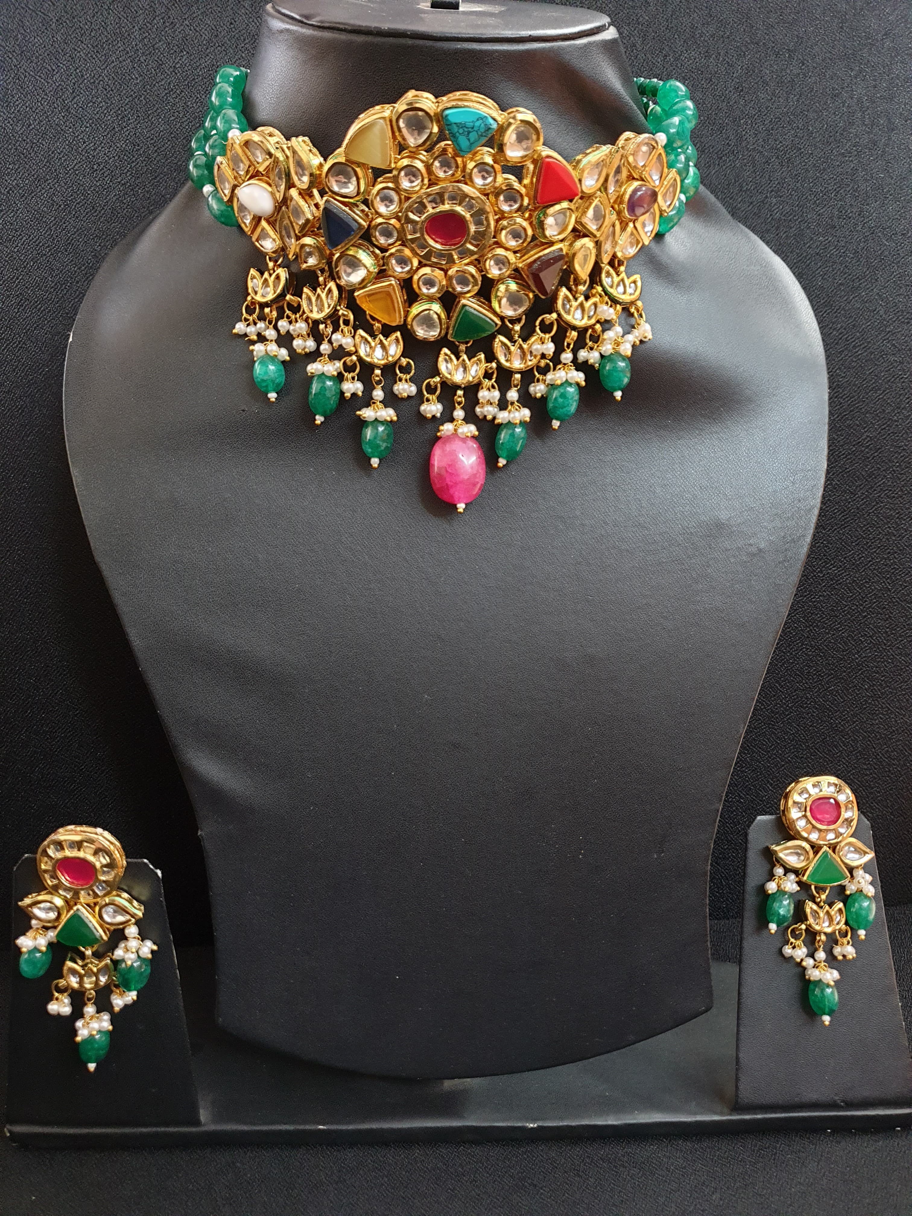 Emerald Navratan Stone Kundan Choker Set With Earrings