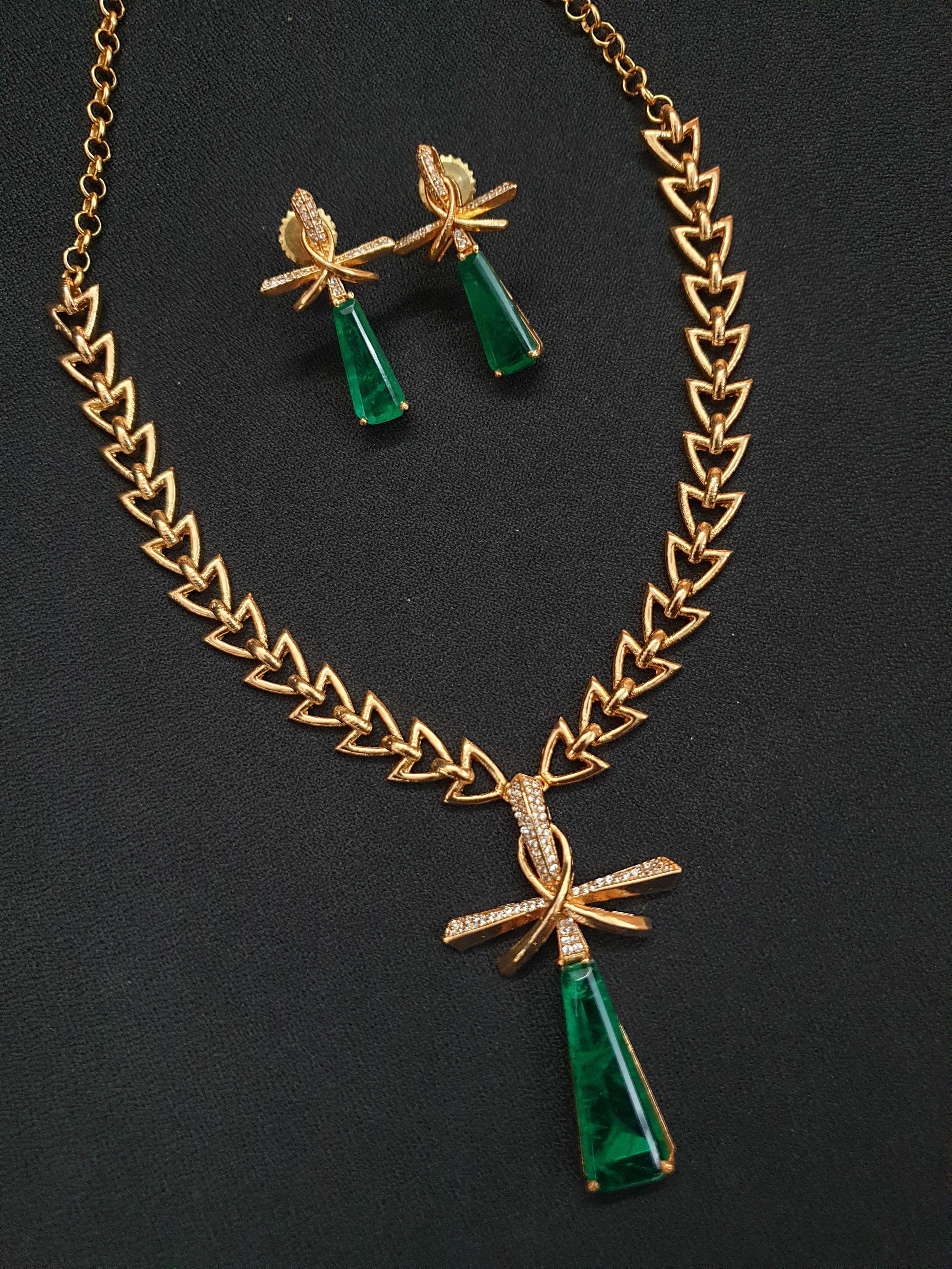 Emerald Green Stone AD Delicate Chain Necklace Set