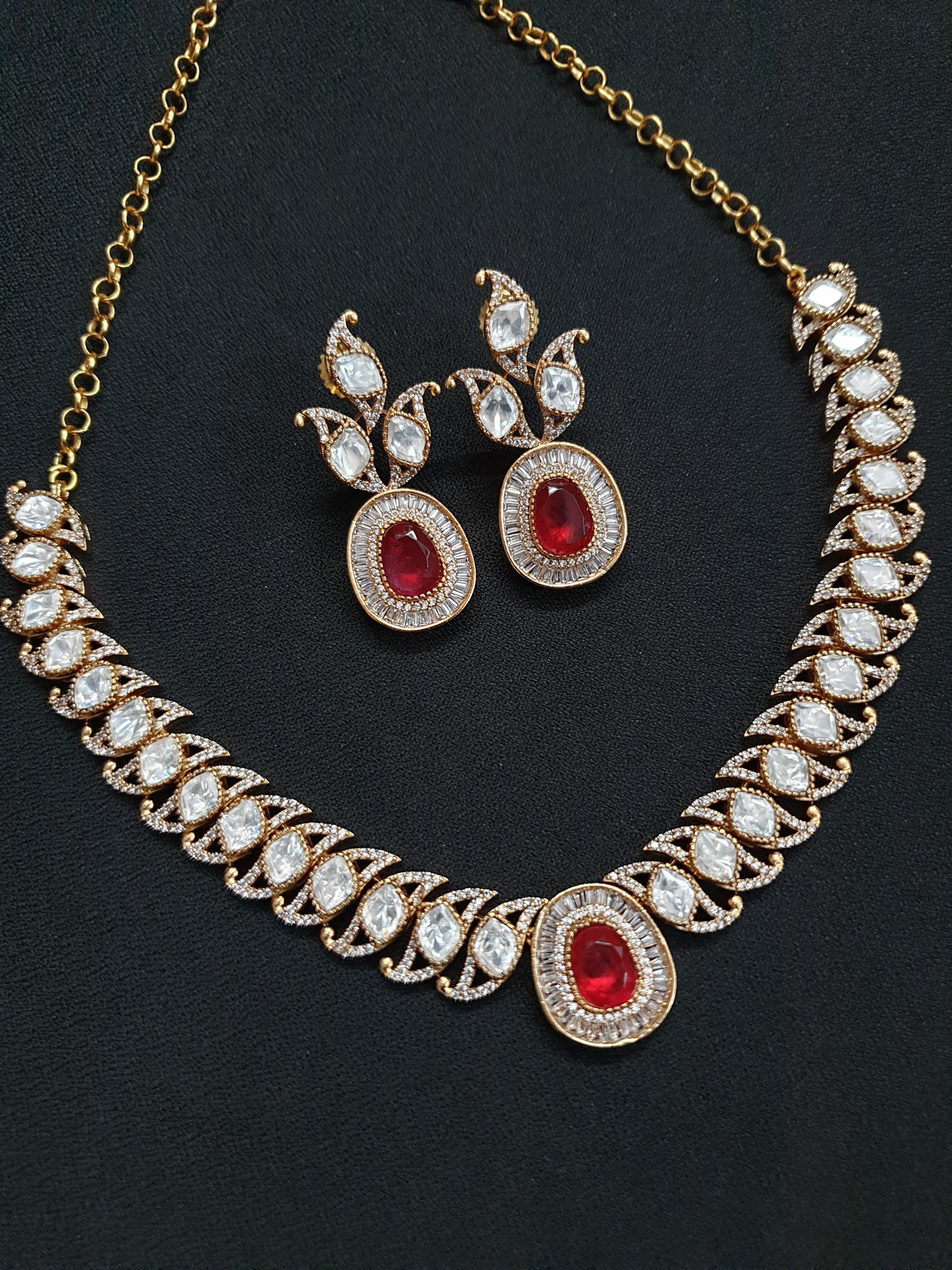 Ruby Red Stone Kundan Delicate Necklace Set