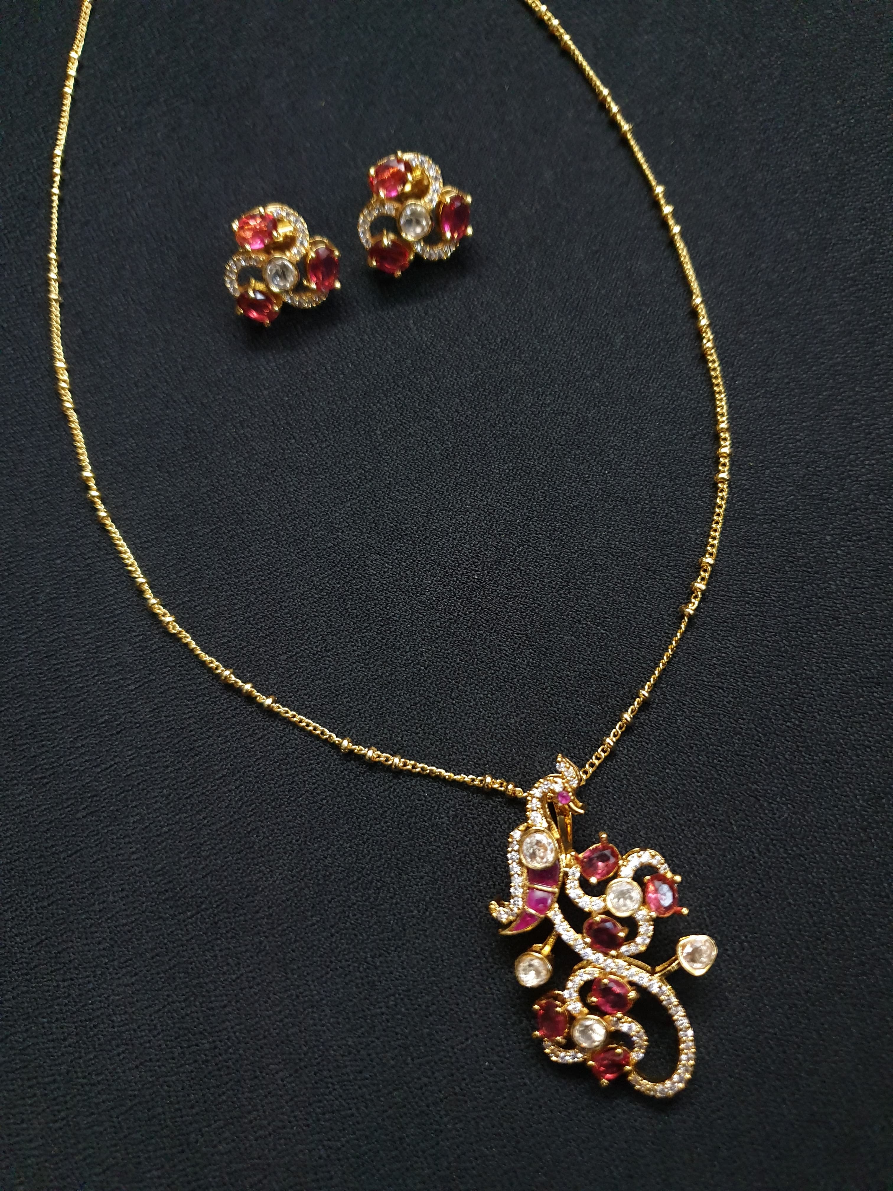 Ruby Pink Stone Dainty AD Pendant Set