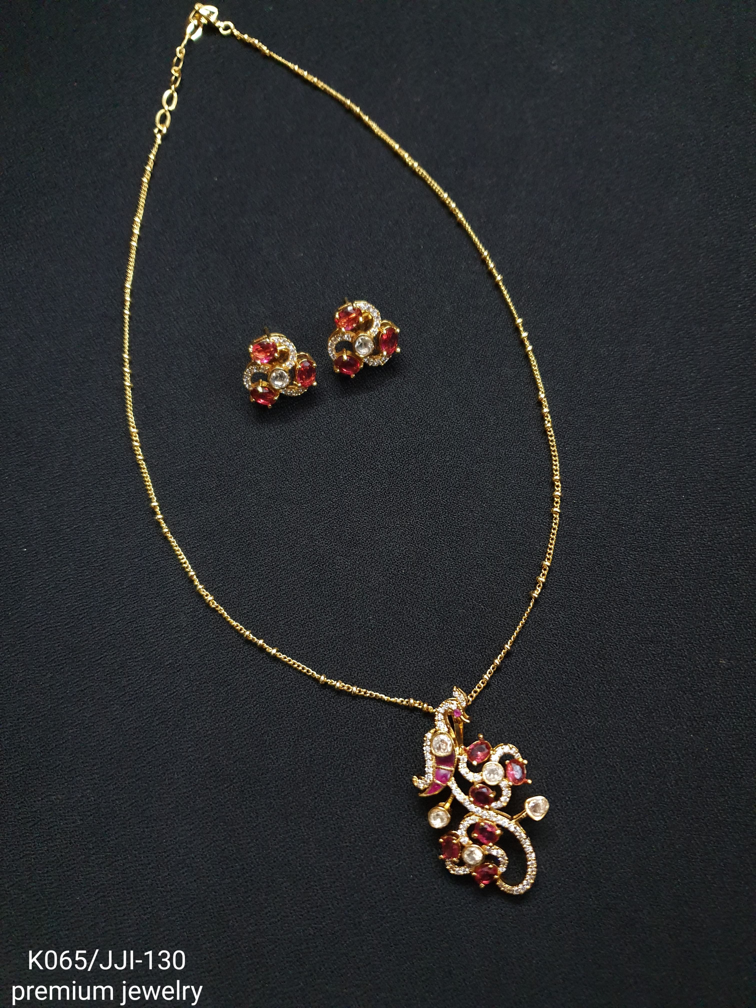 Ruby Pink Stone Dainty AD Pendant Set