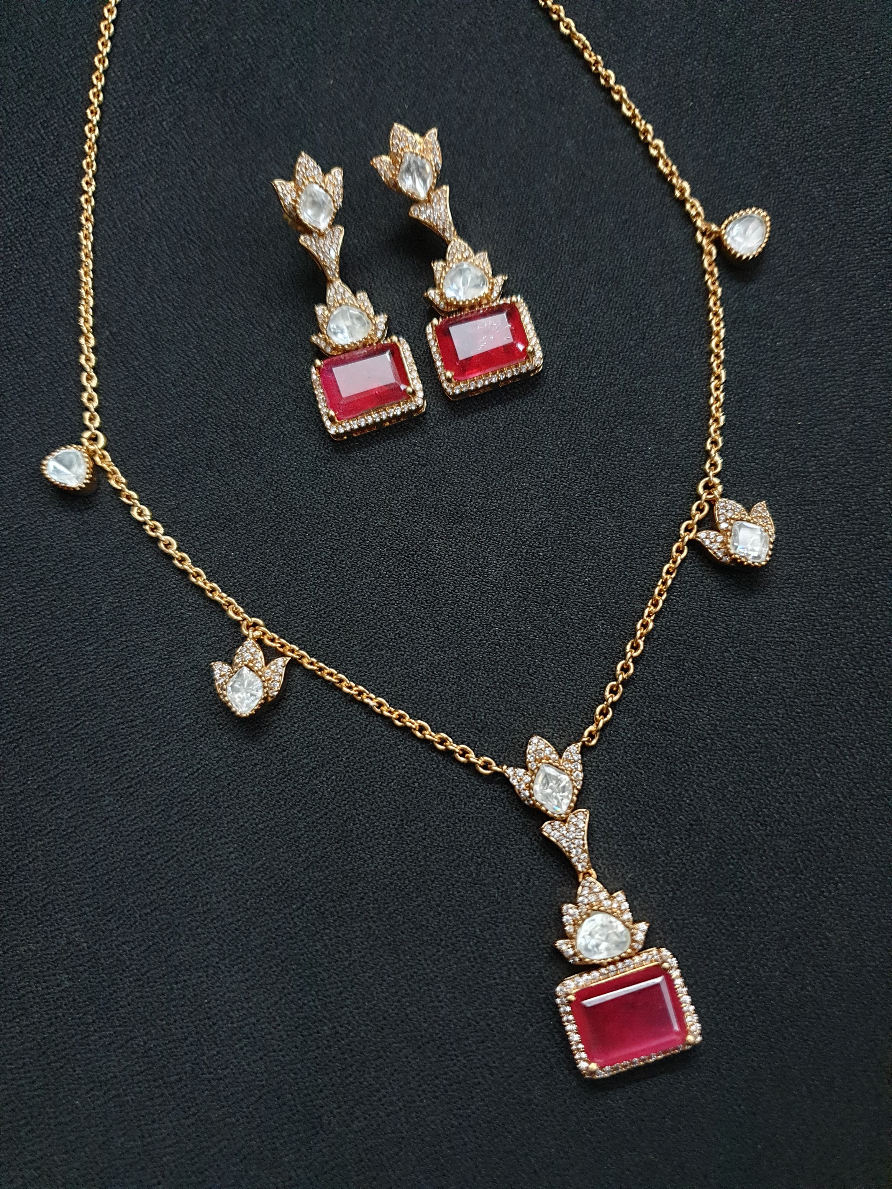 Ruby Red Kundan Chain Necklace Set