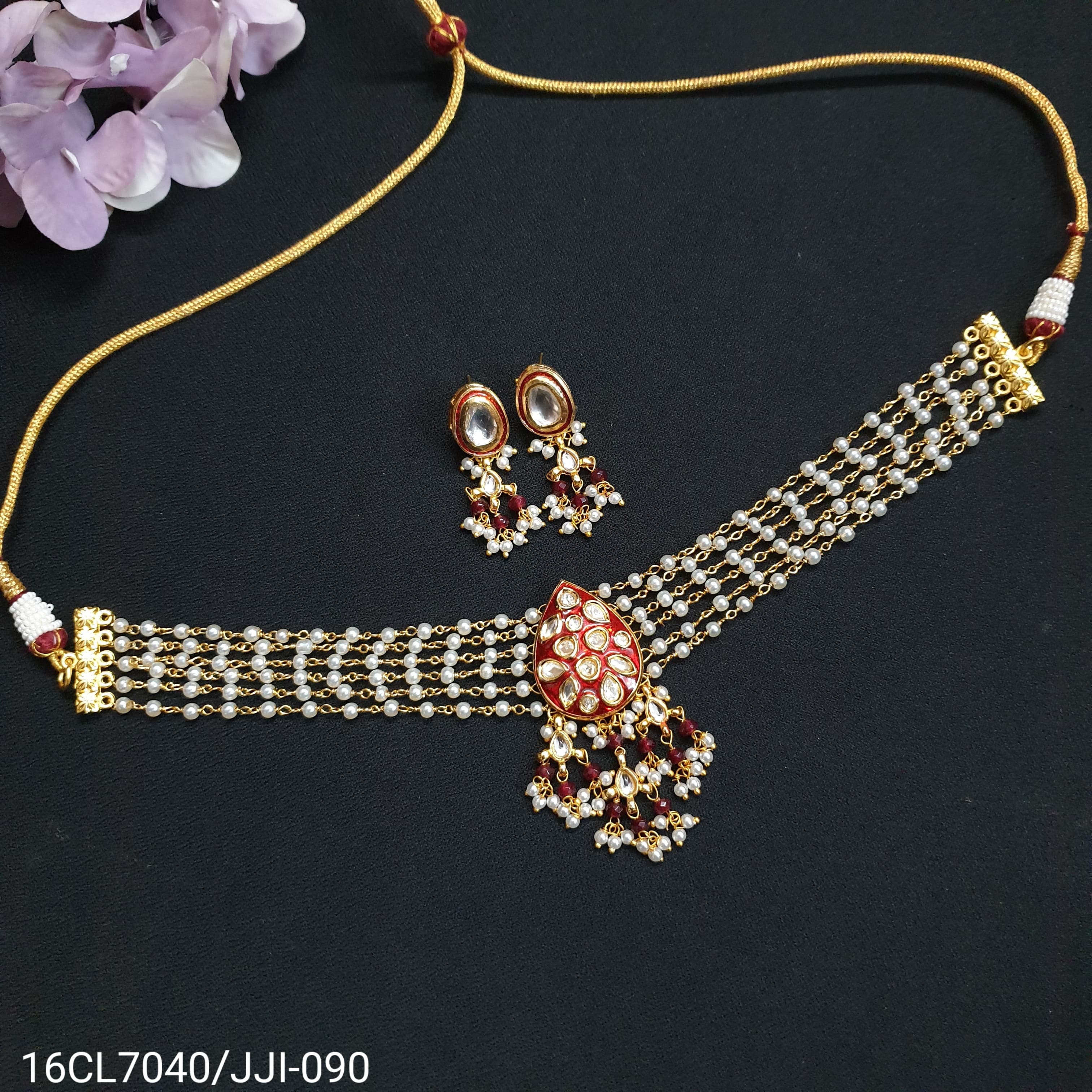 Red Polki Meenakari Choker Set With Earrings