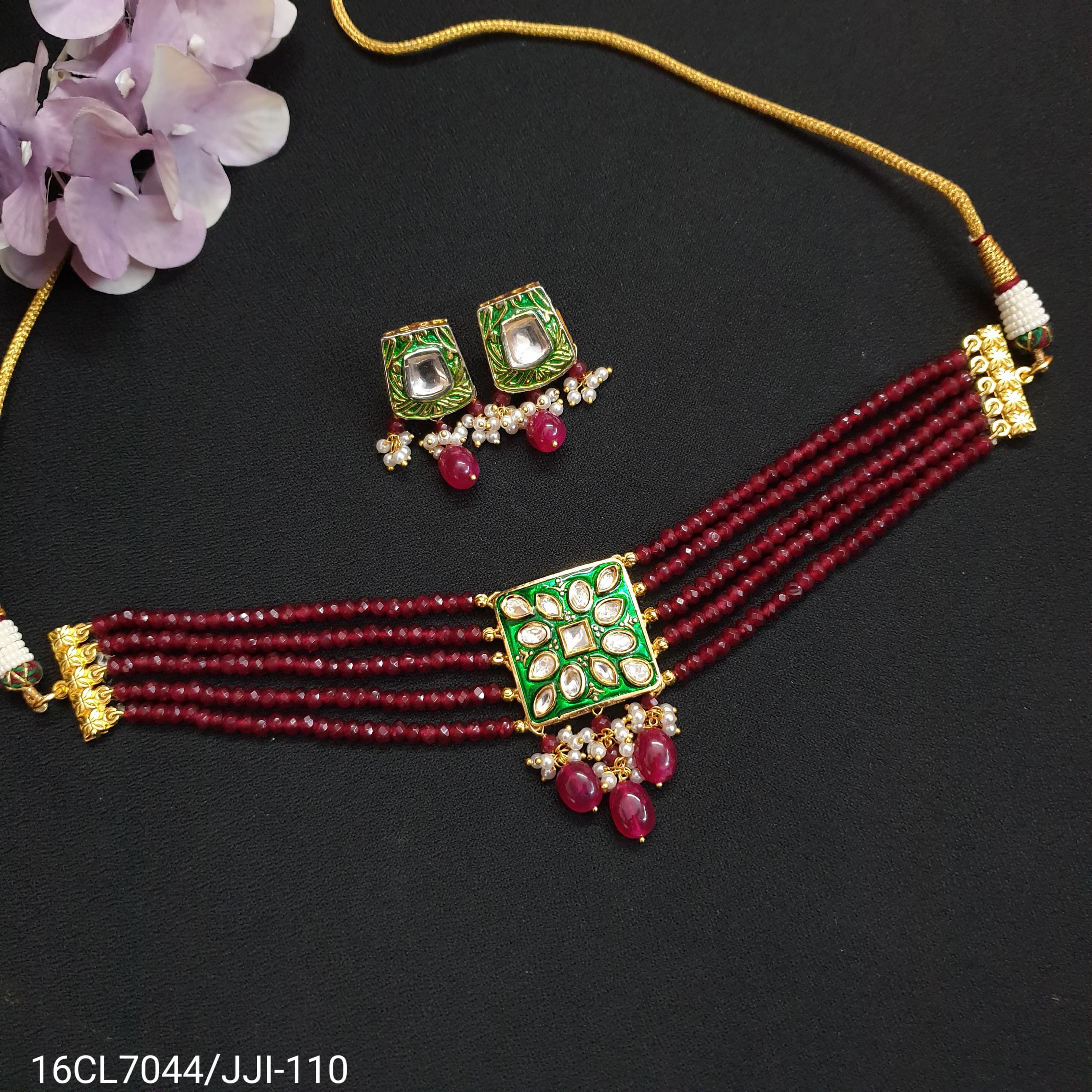 Green Polki Kundan Meenakari Choker Set With Earrings