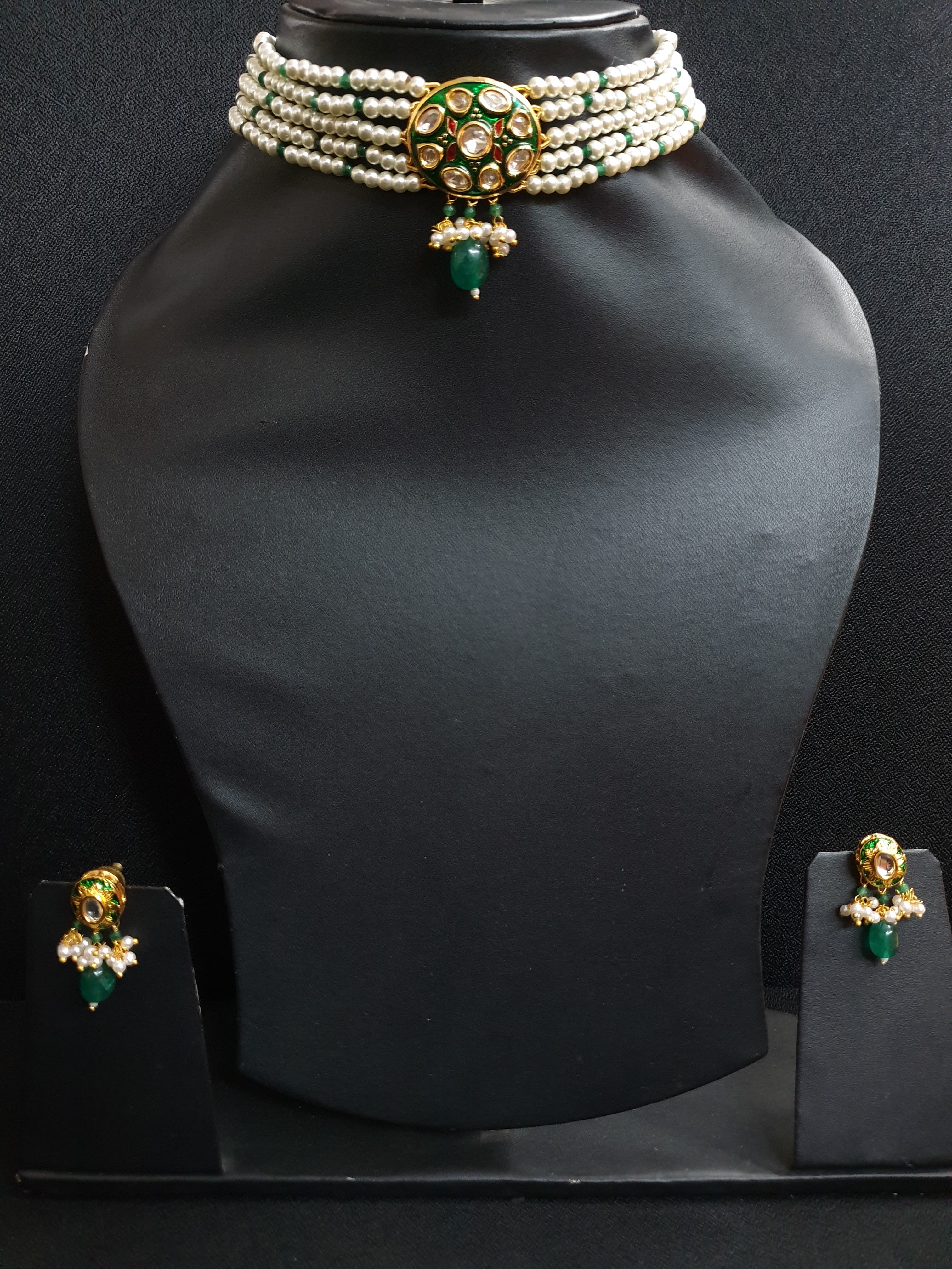 Green Kundan Polki Choker Set With Earrings