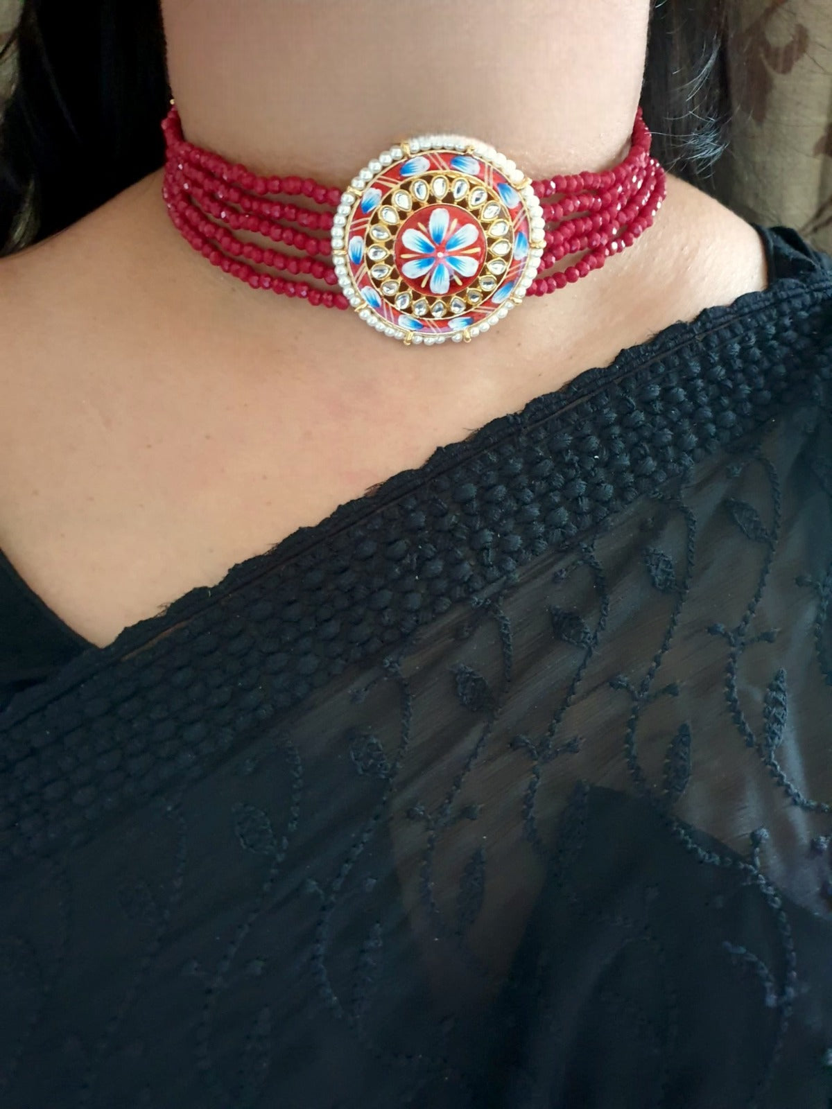 Maroon Kundan Meenakari Choker Set With Earrings