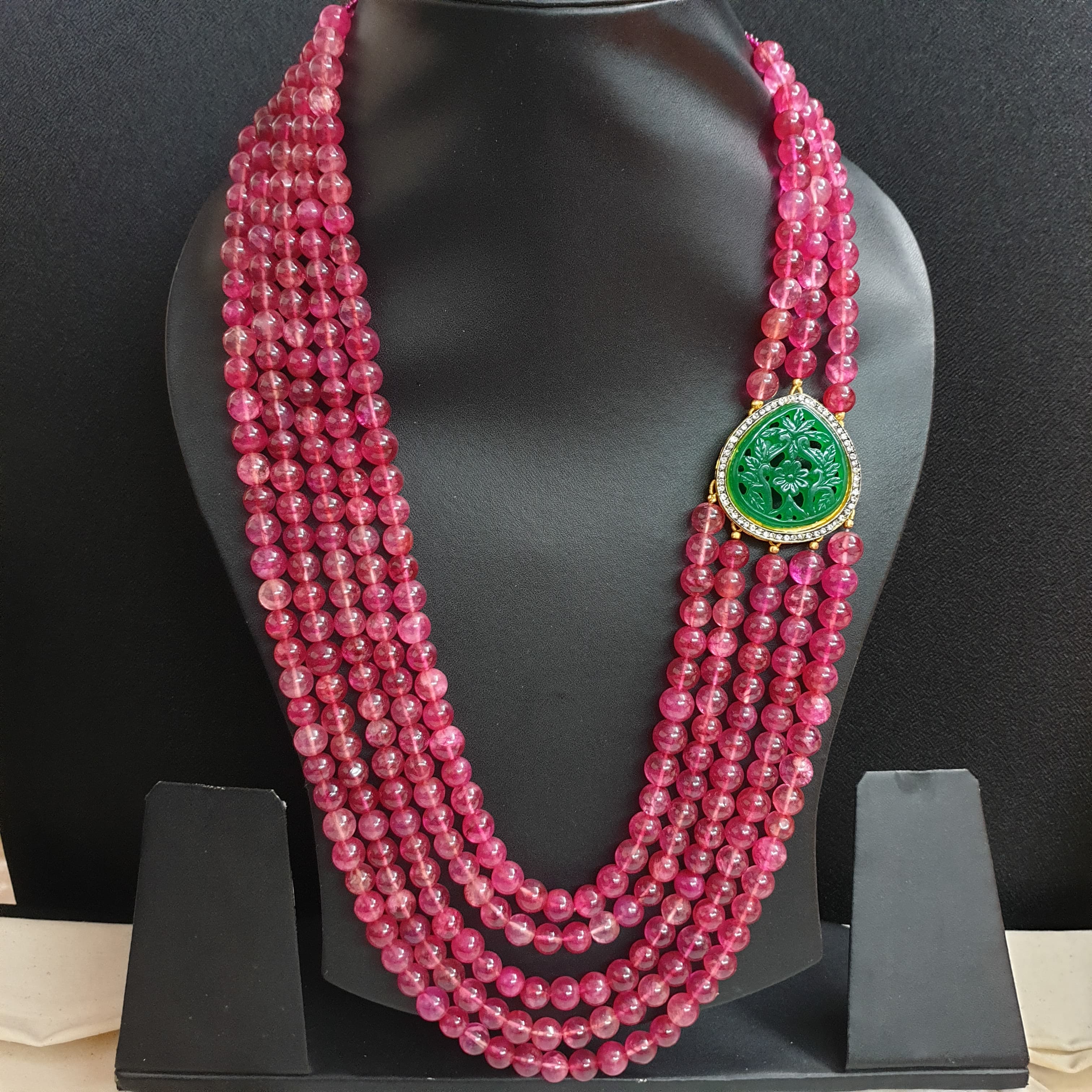 Ruby Stone Necklace With Emerald Engarved American Diamond Brooch
