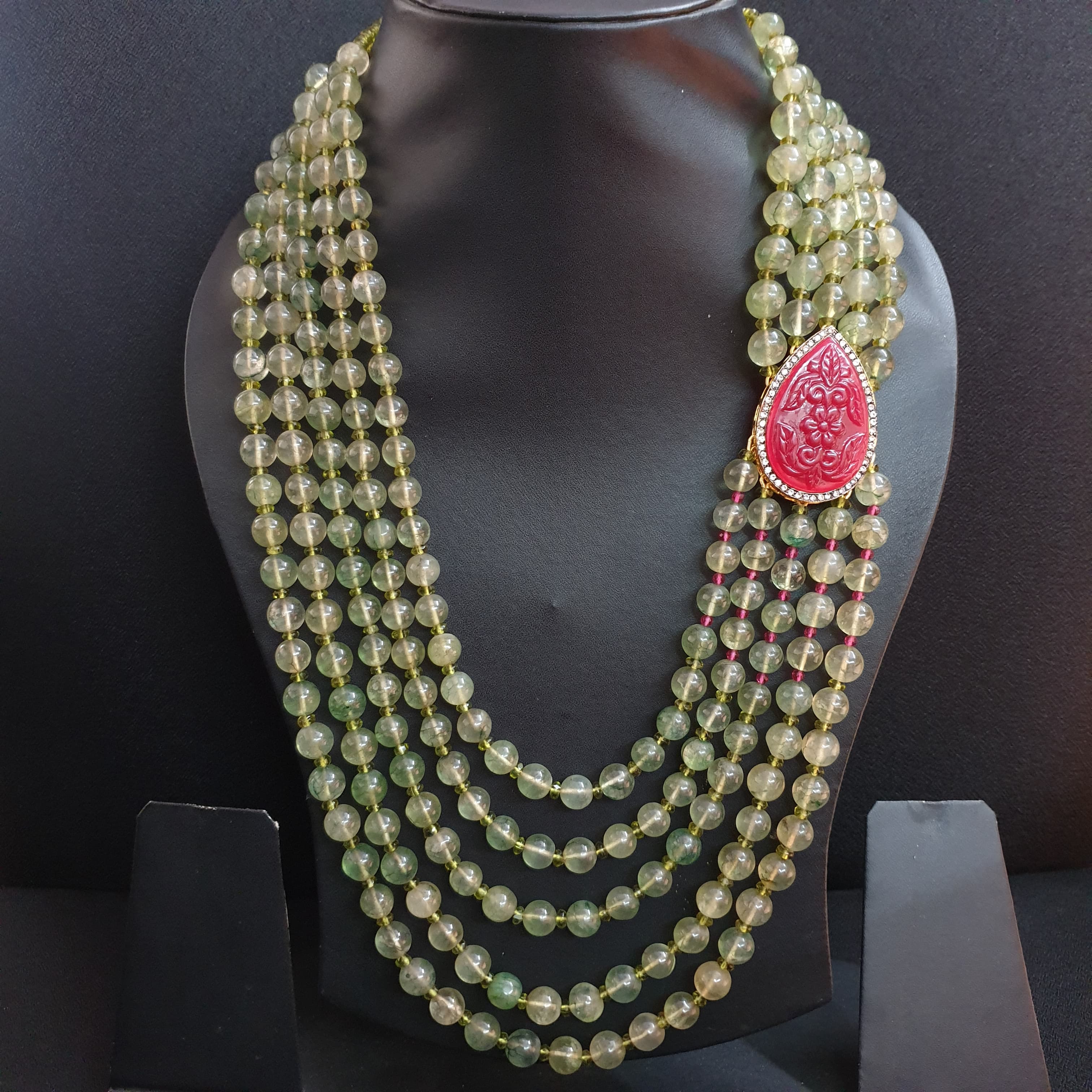 Mehendi Green Necklace With Ruby Engraved American Diamond Brooch