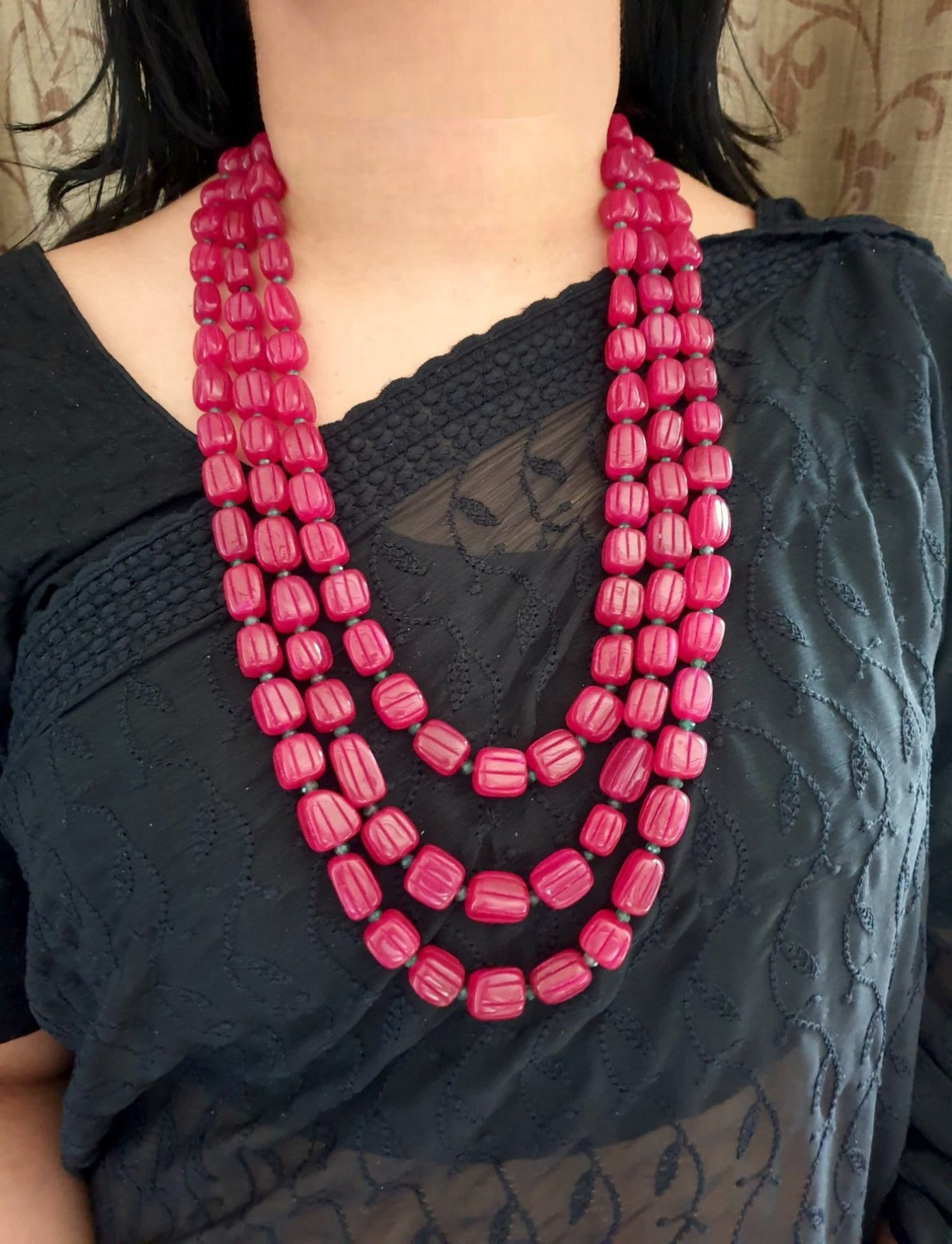 Ruby Color Carving Beaded Layered Long Necklace Set