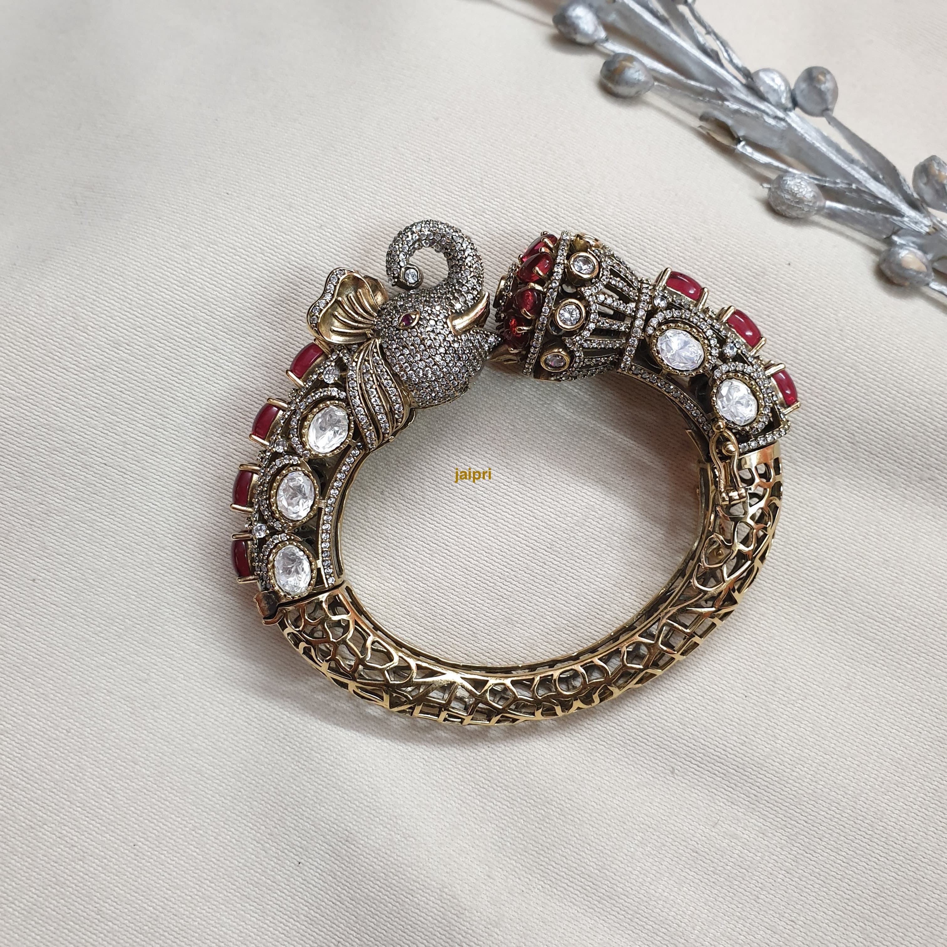 Ruby Red AD Stone Kundan Elephant Bangle