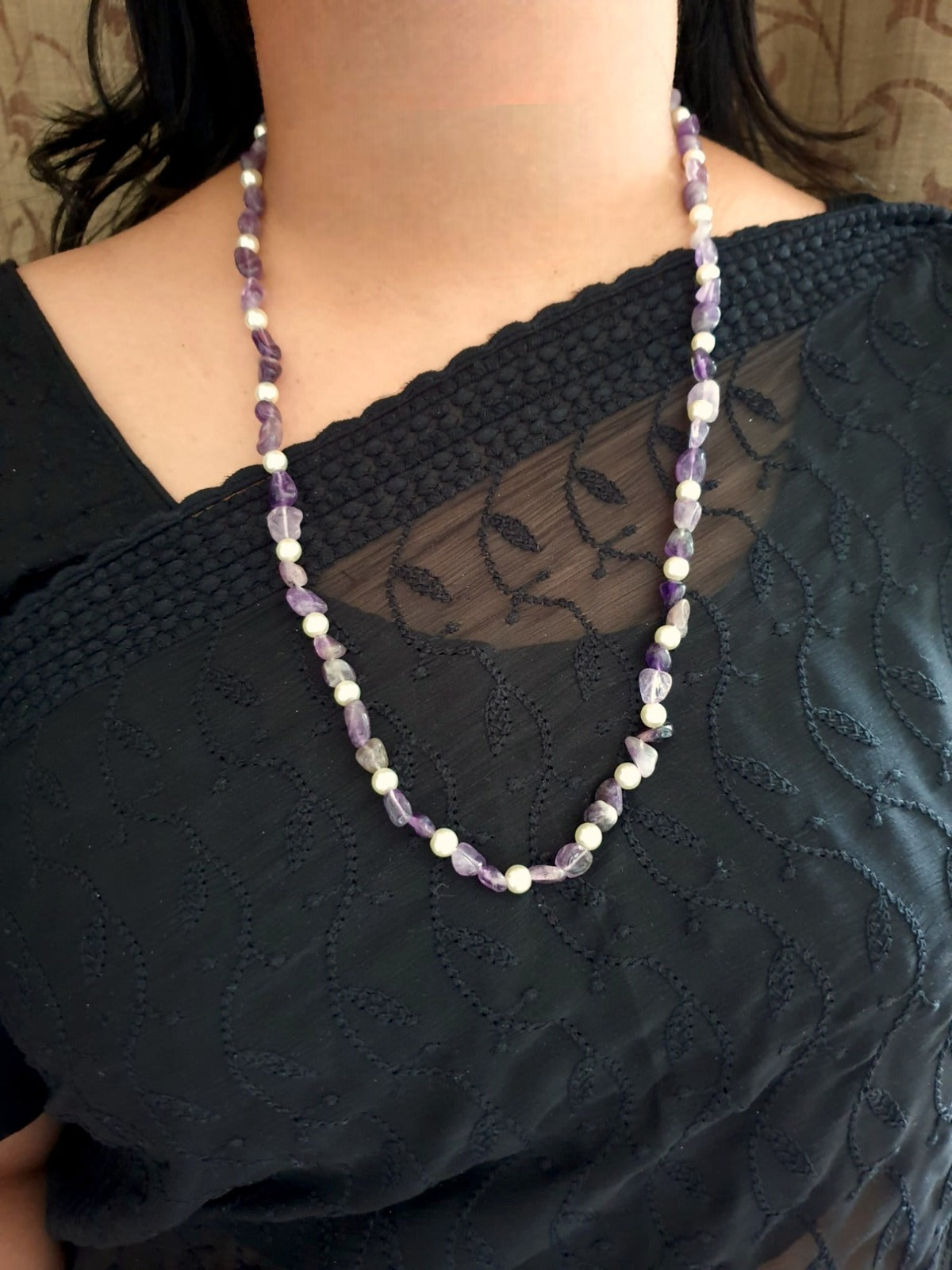 Purple Uncut Stone and Pearl Long Mala