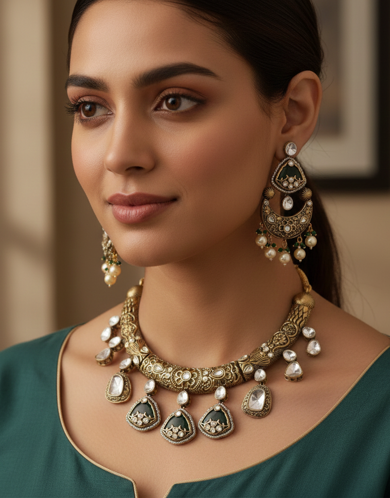 Antique Gold Kundan Polki Emerald Bead Hasli Necklace