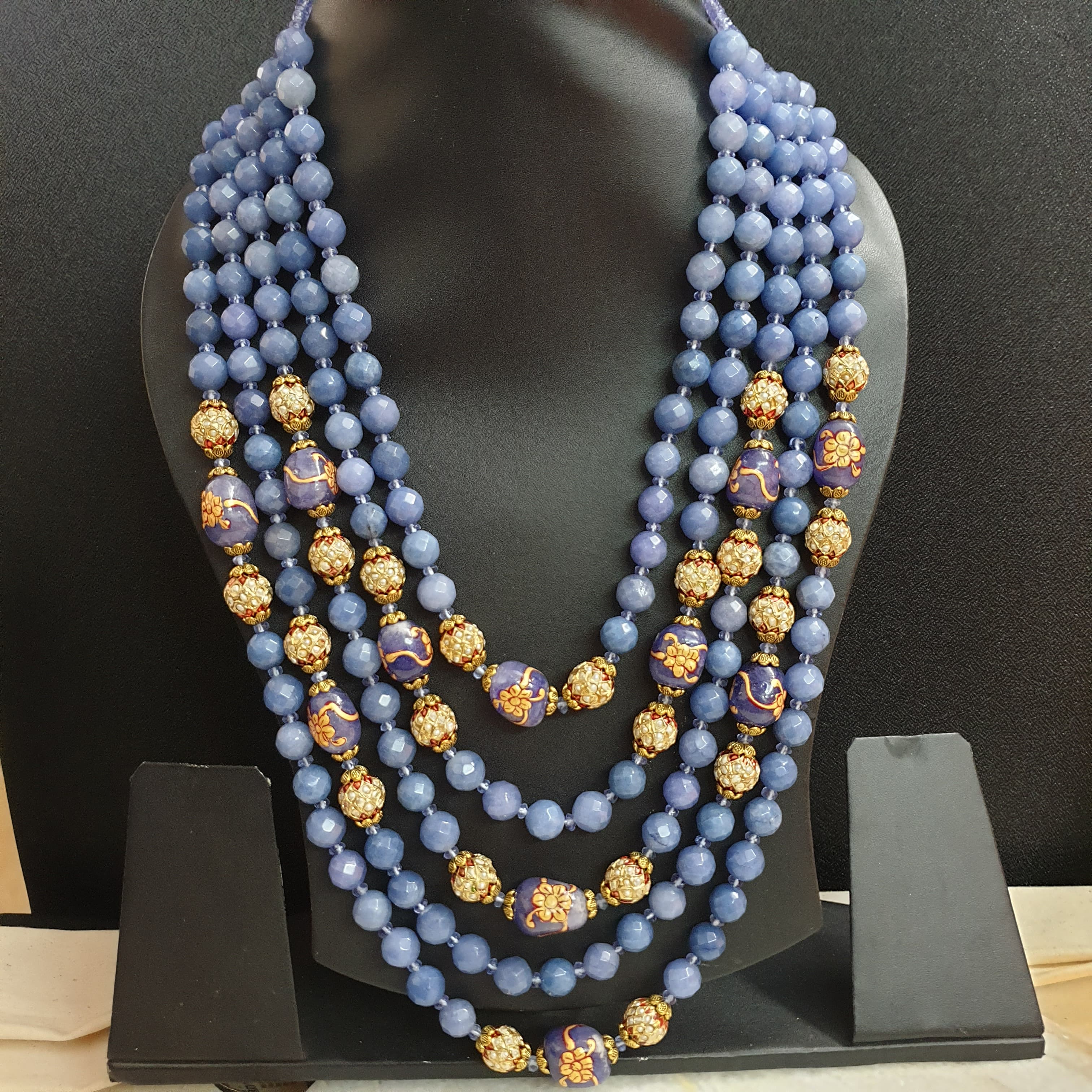 Ice Blue Stone Necklace Set With Handpainted Meenakari Beads