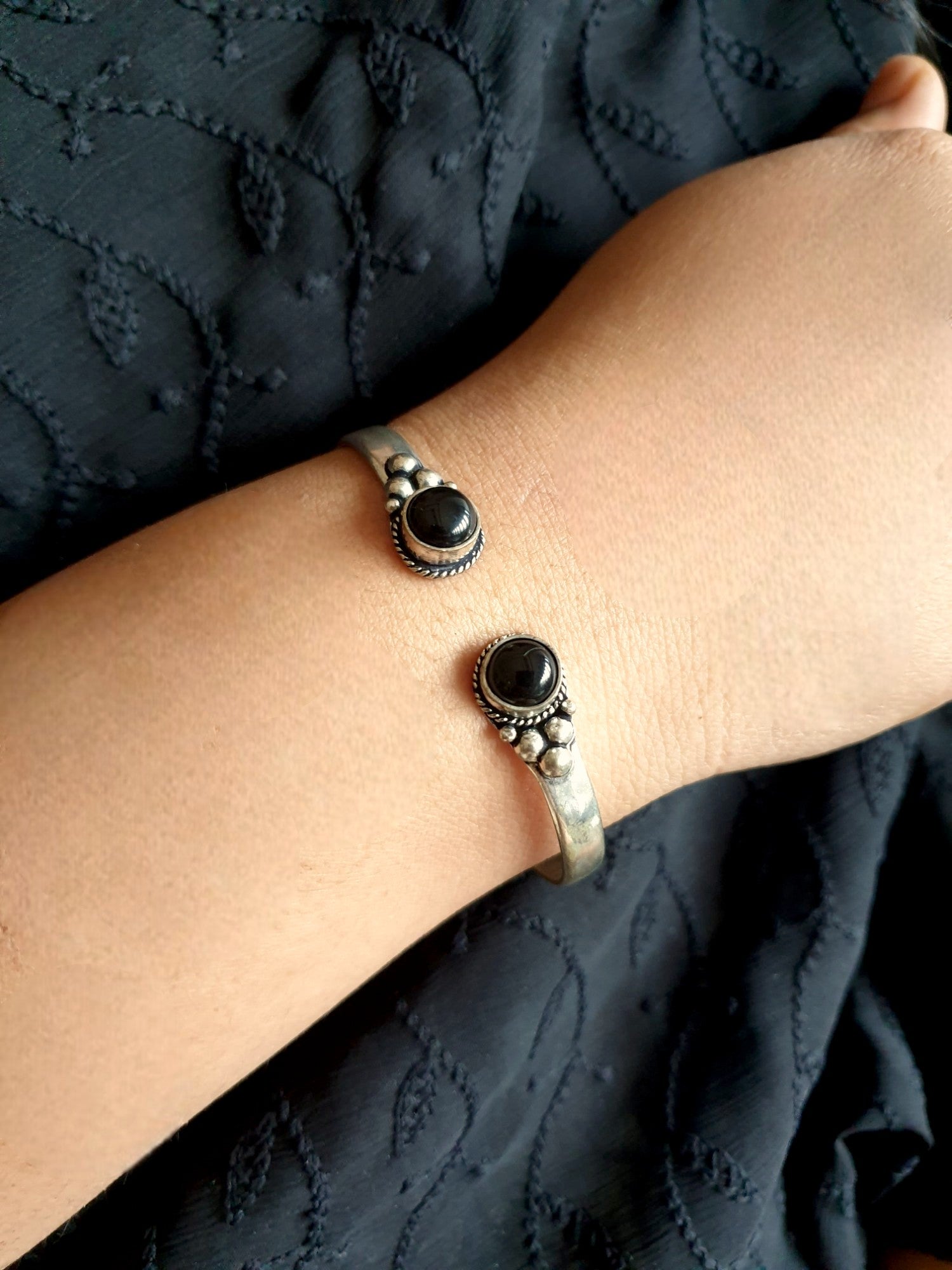 Black Stone Oxidised Cuff Bangle