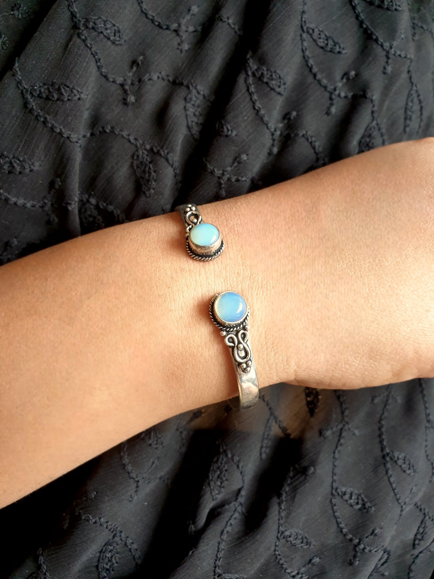 Moonstone Stone Oxidized Cuff Bangle