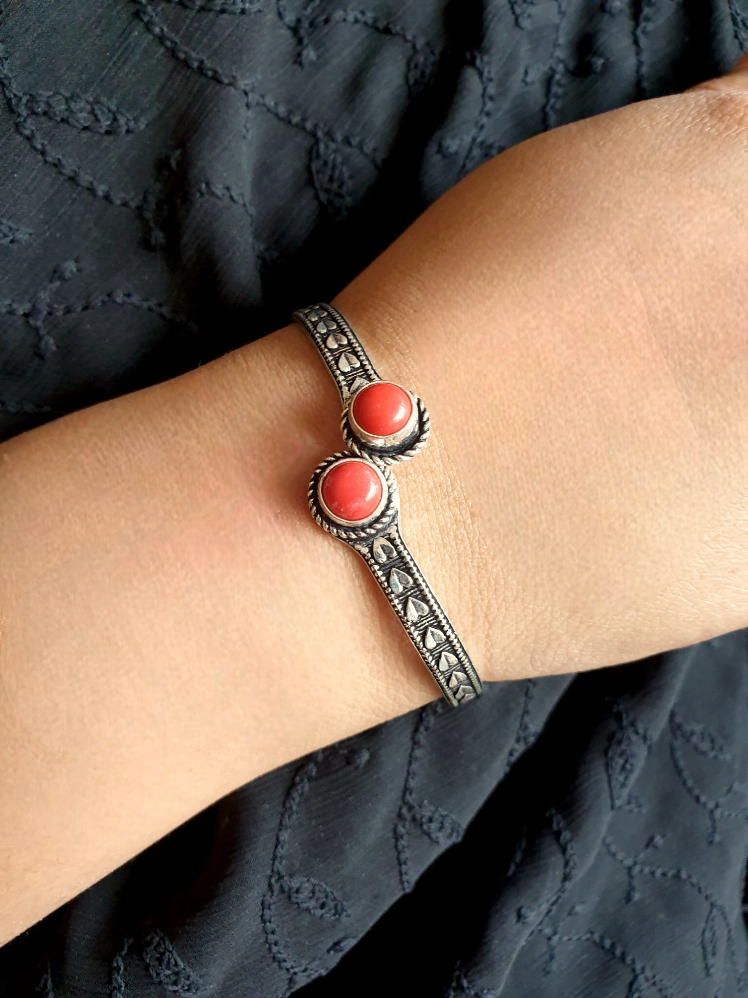 Coral Red Stone Oxidised Cuff Bangle