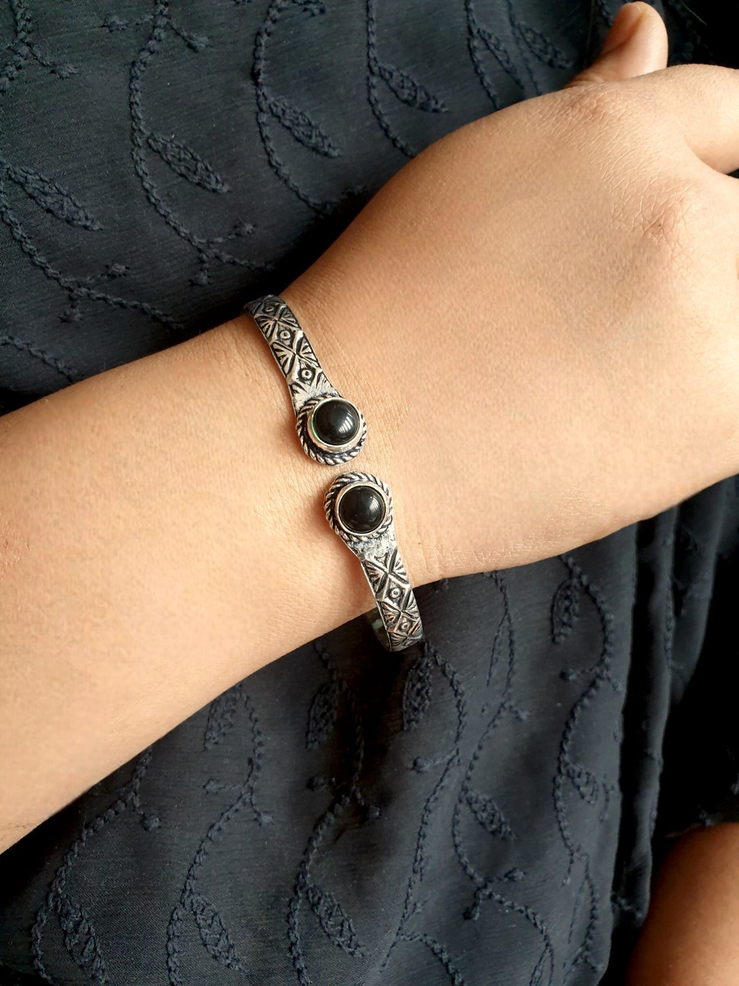 Black Stone Oxidized Cuff Bangle