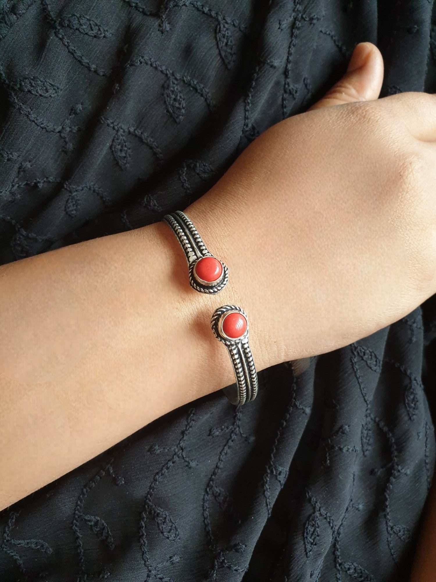 Coral Red Stone Oxidised Cuff Bangle
