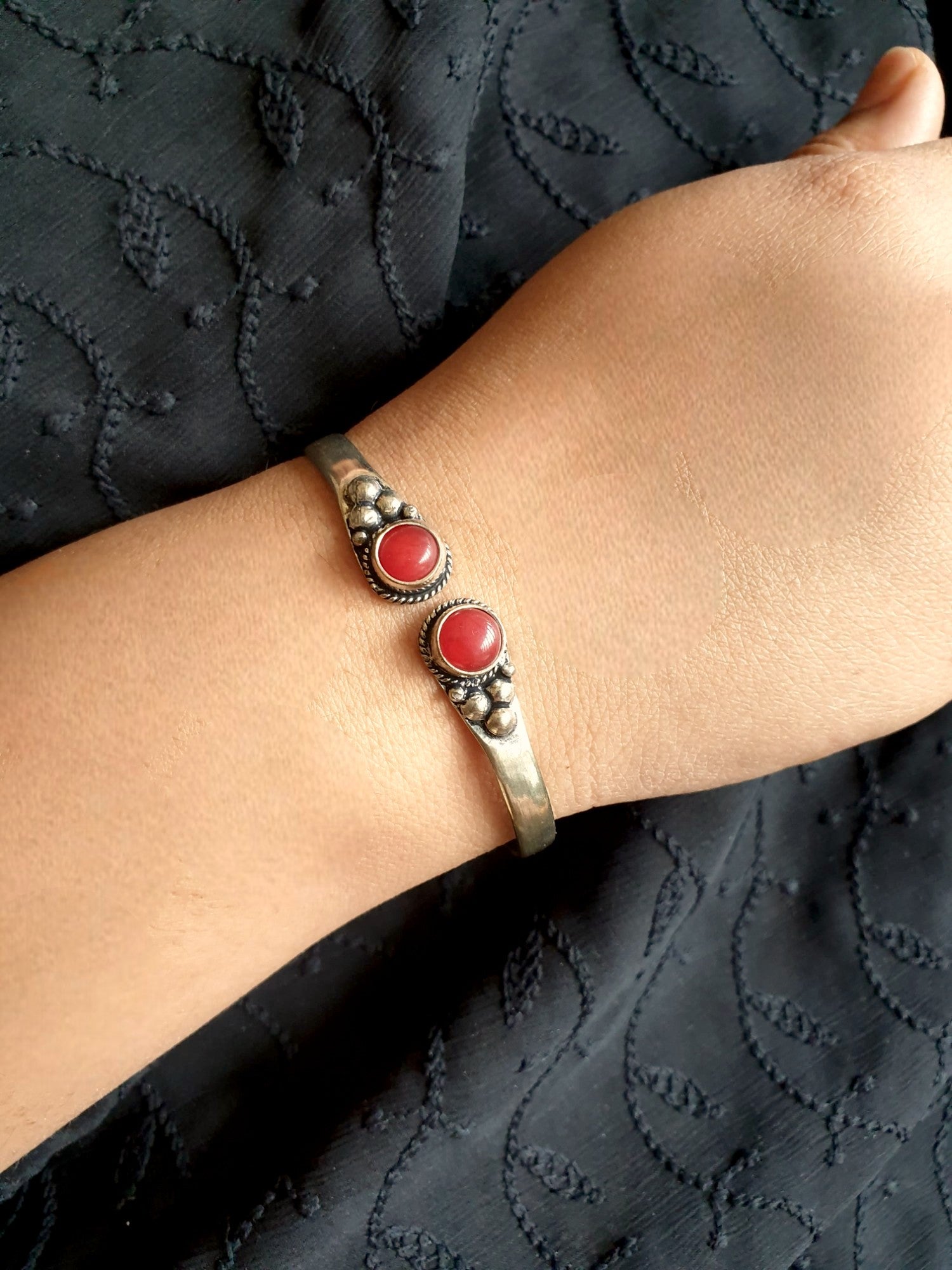 Coral Red Stone Oxidised Cuff Bangle