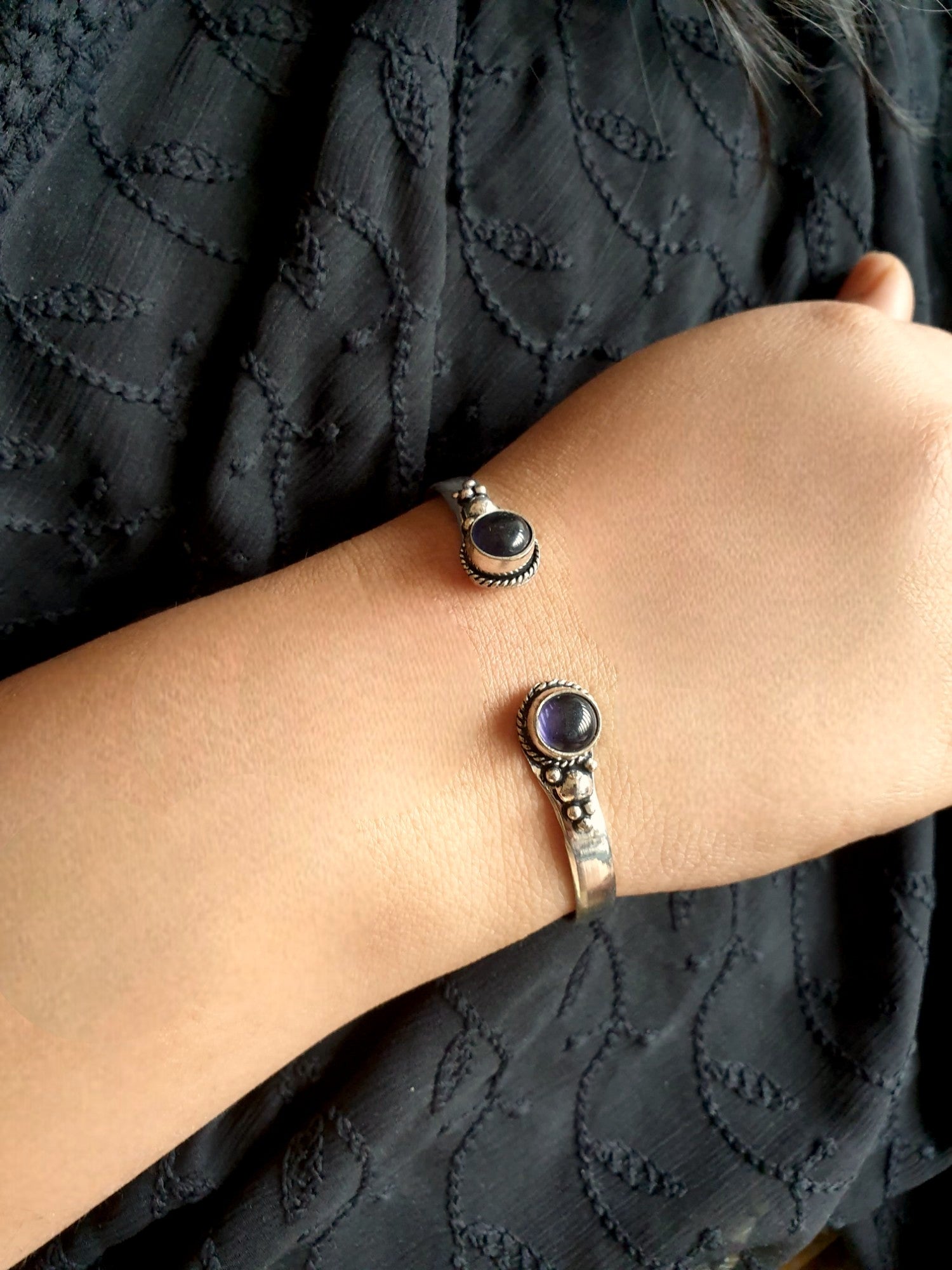 Dark Purple Stone Oxidised Cuff Bangle