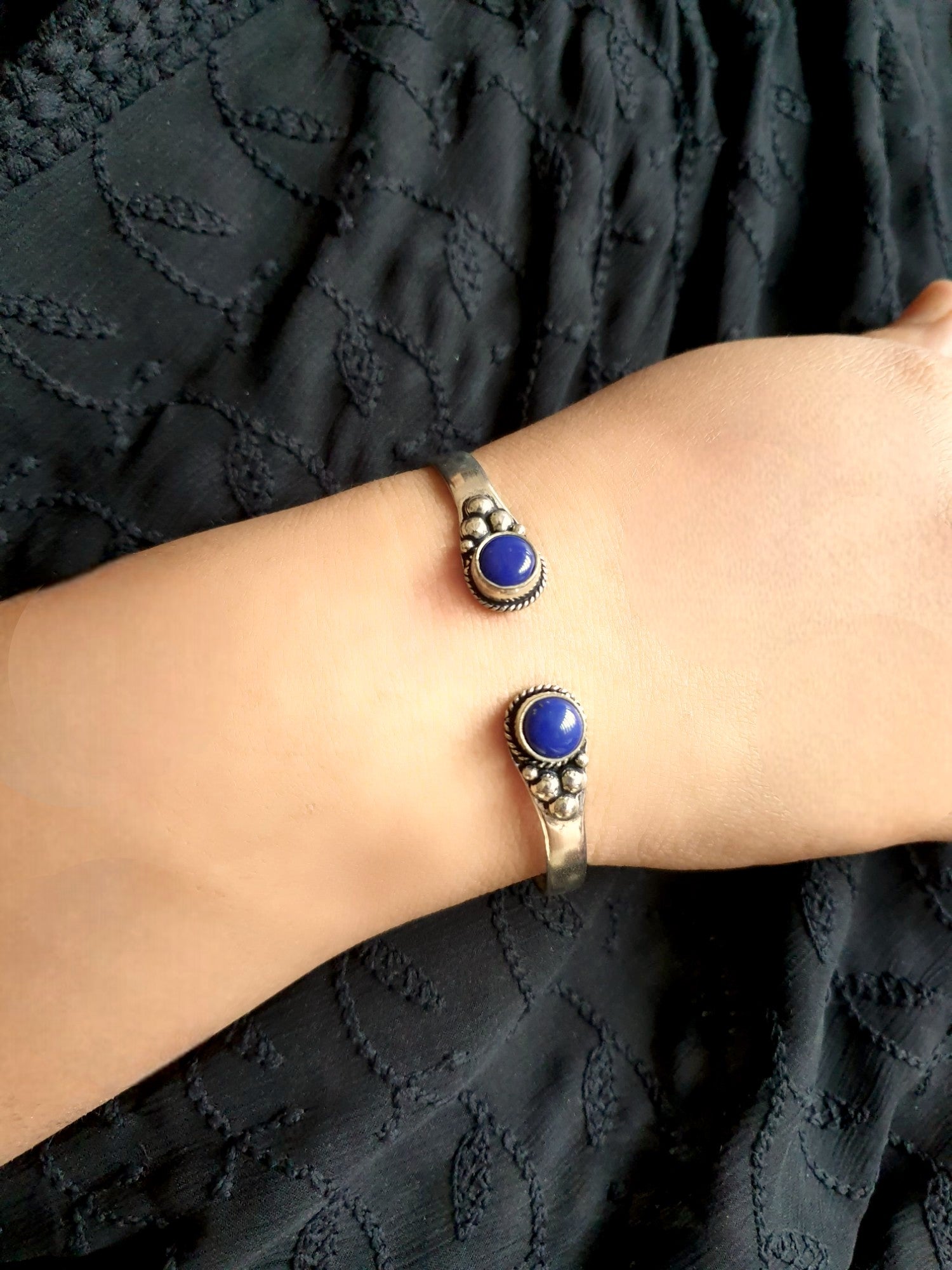 Dark Blue Stone Oxidised Cuff Bangle