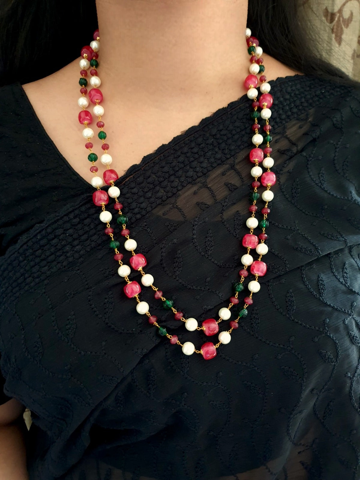 Red Stone Layered Pearl Long Mala
