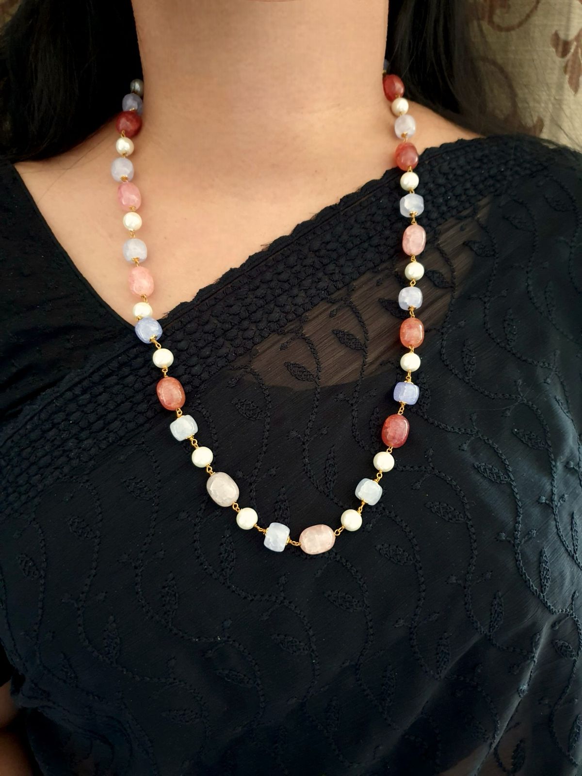 Purple Red Stone Beads Pearl Long Mala