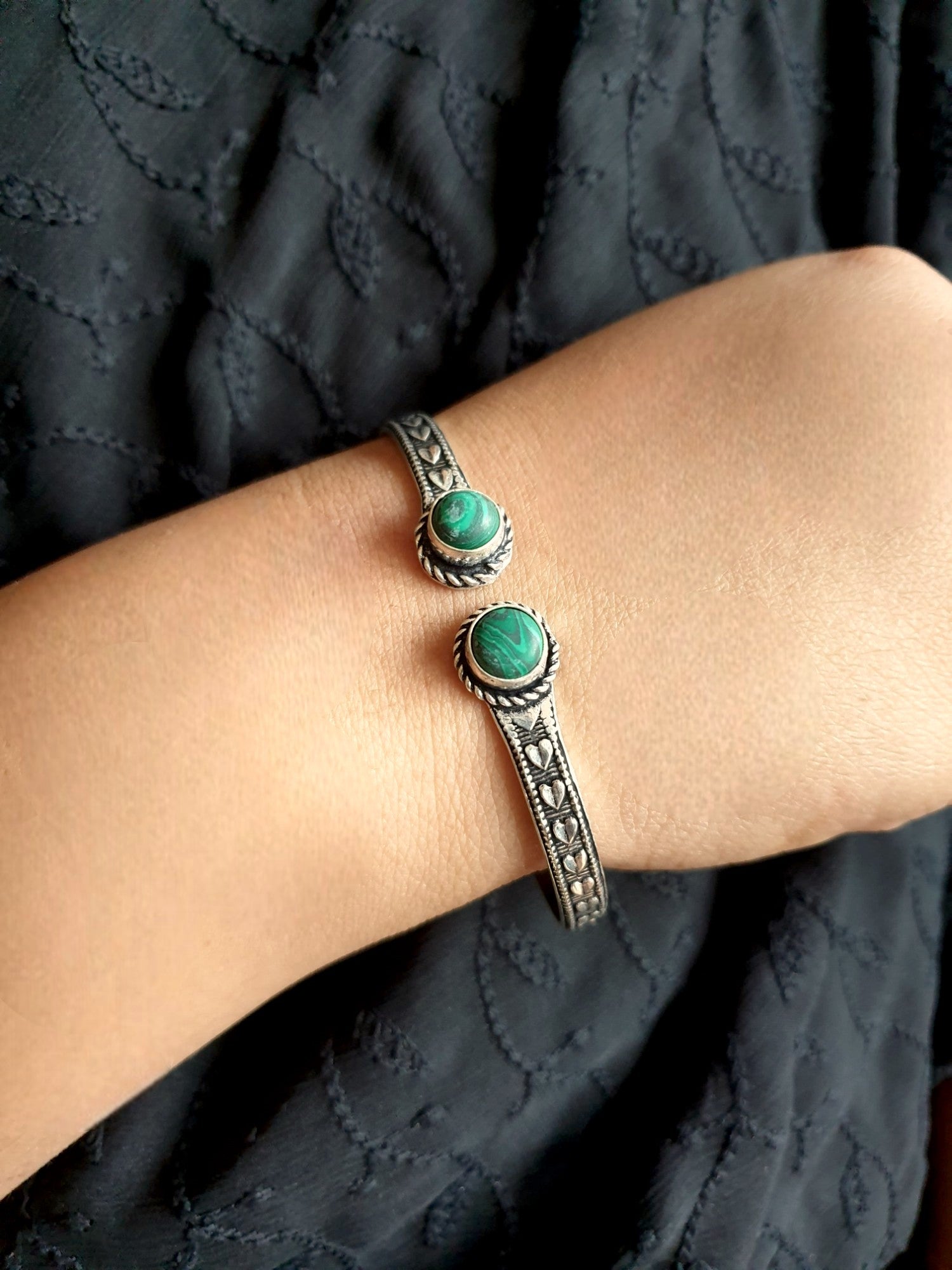 Sea Green Stone Oxidised Cuff Bangle