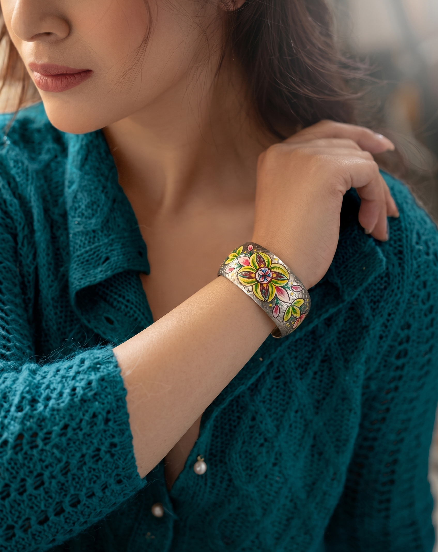 Shimer Handpainted Oxidised Silver Cuff