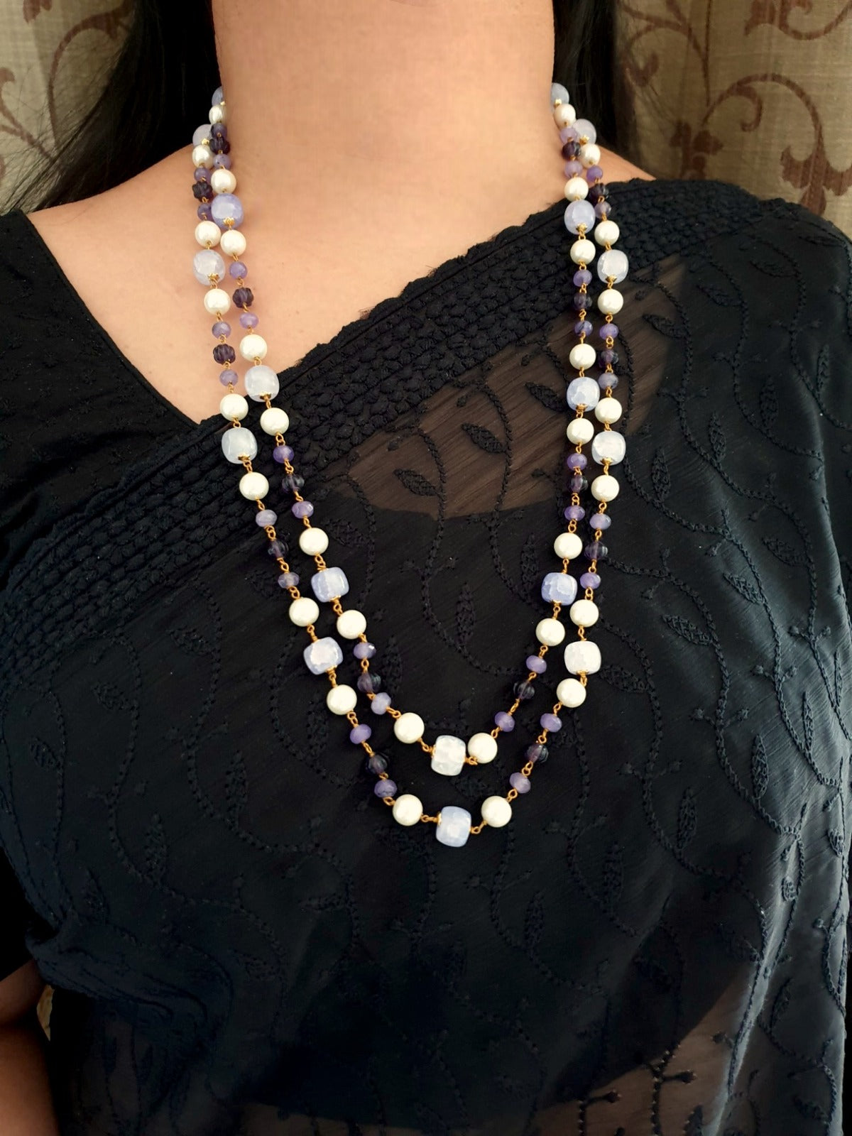Purple Stone Layered Beads Pearl Long Mala